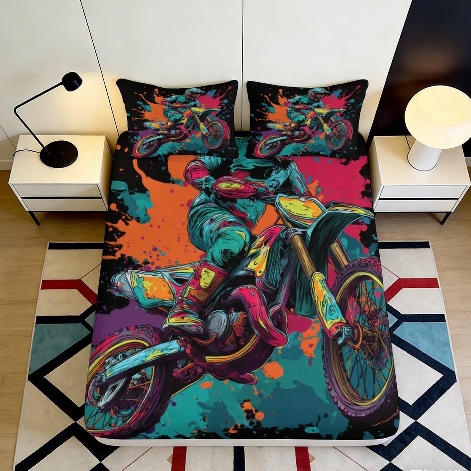 3D Printed Colorful Motorcycle Fitted Sheet Microfiber Durable Vibrant Dirt Bike Bed Cover for Bedroom Dormitory Guest Room Mattress Protection 90x200x25cm