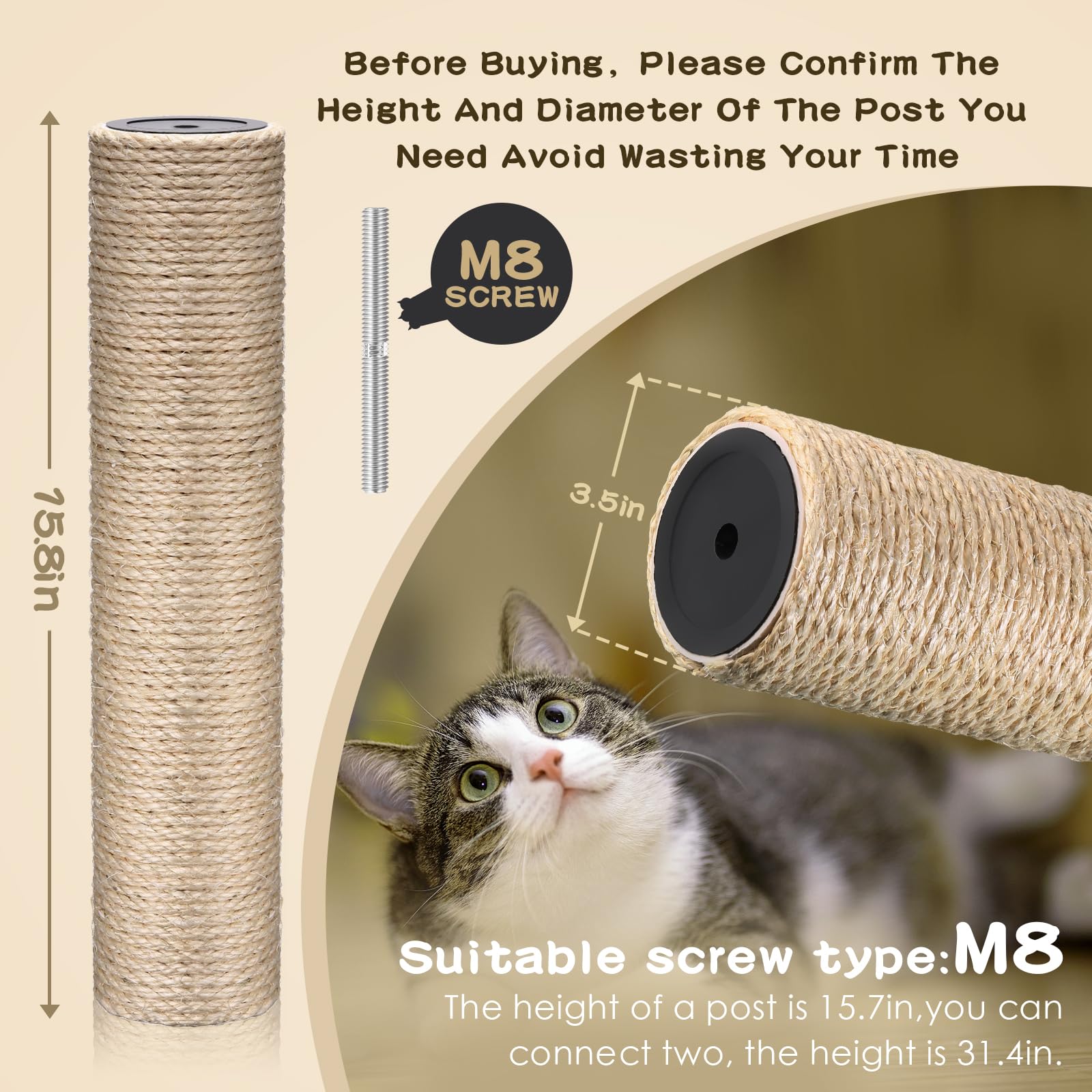 Paquete de 6 postes rascadores para gatos, repuesto de cuerda de cáñamo blanca, poste rascador de repuesto para gatos, rascador de gato grande, torre de reacondicionamiento para gatos de interior con