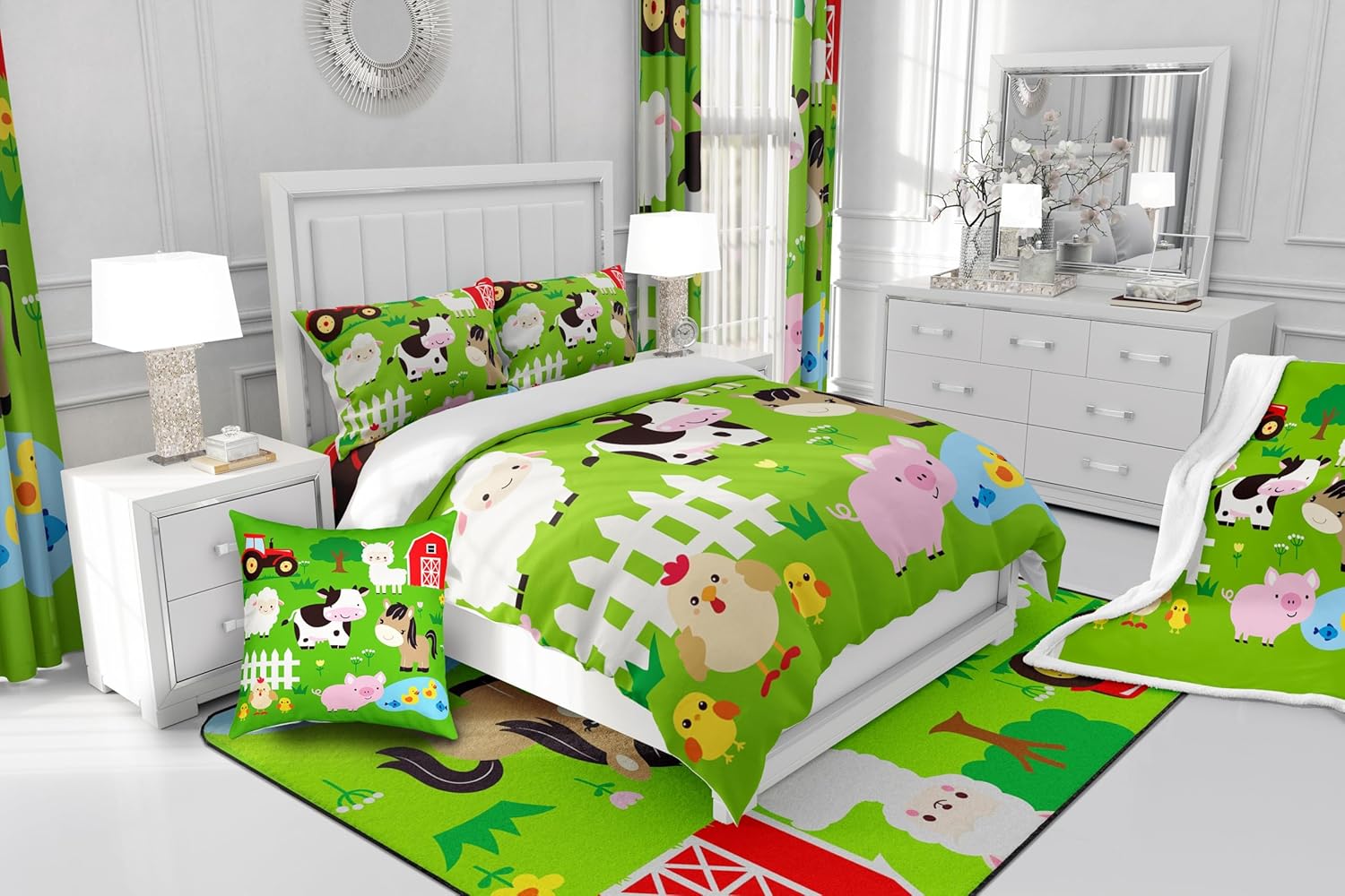 Manfei Farm Animals Kids Fitted Sheet Twin Size, Cow Horse Pig Hen Chicken Sheep Bedding Set 2pcs for Boys Girls, Cartoon Animal Bed Cover with 1 Pillowcase, Soft Polyester Bedding, No Top Sheet