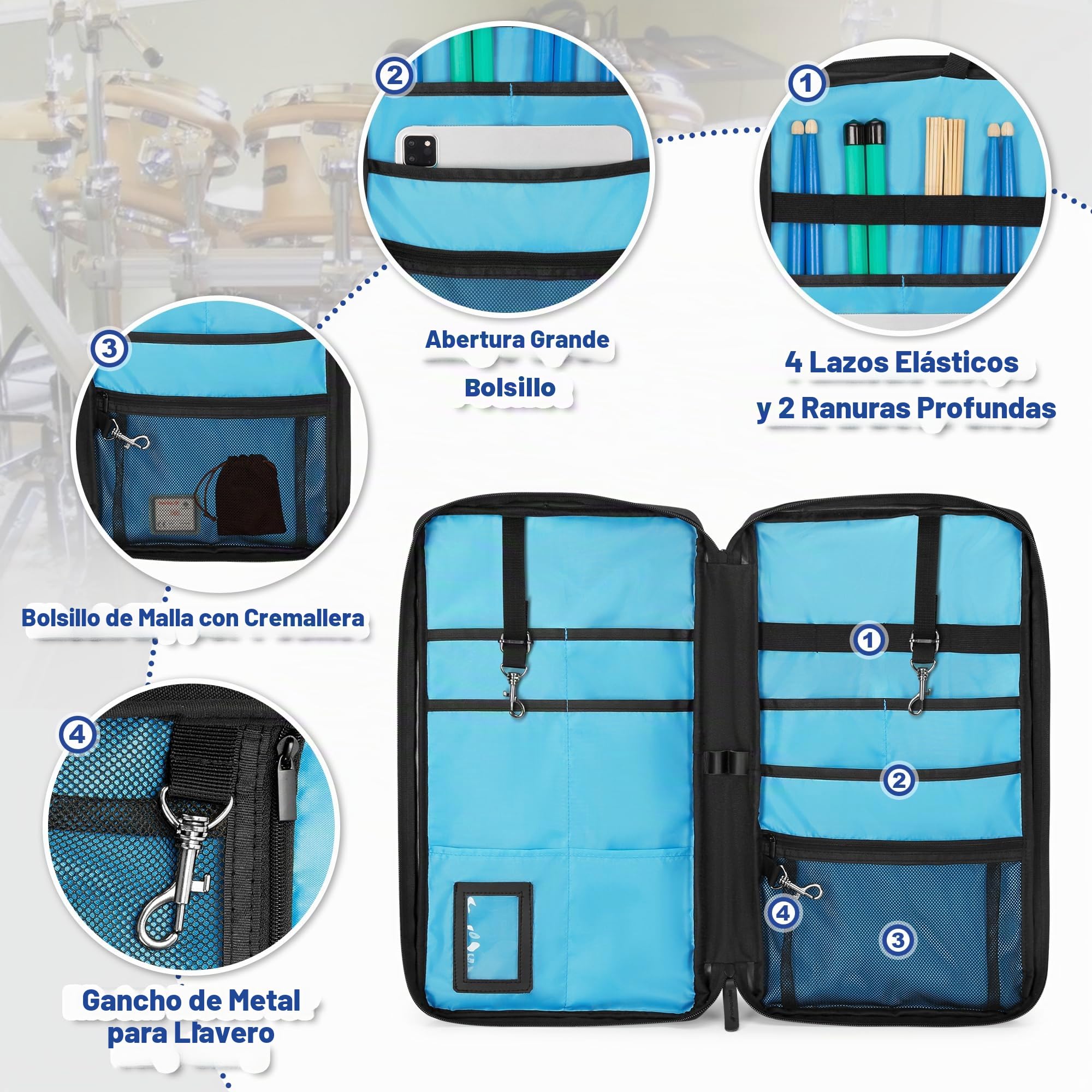 Yarwo Bolsa para Baquetas con Ganchos y Correa Ajustable | Cuelga Tambor con 2 Ganchos Metalicos y Correa Ajustable, Nylon Balistico con Ventana Identificacion para Baquetas