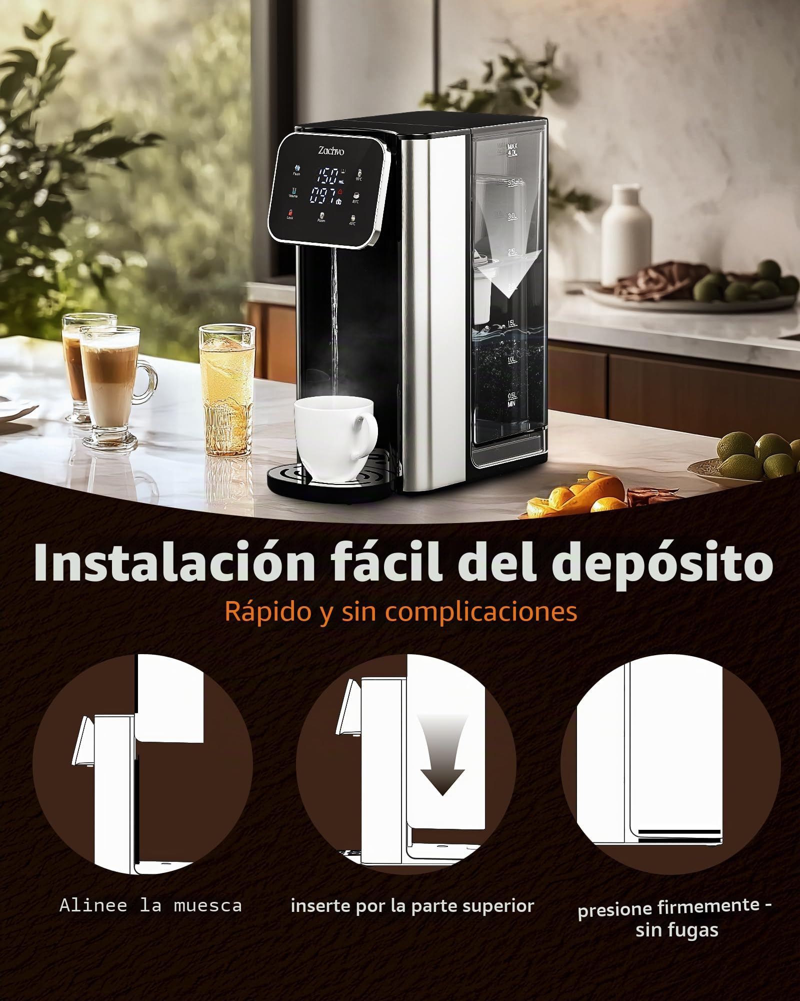 Dispensador de Agua Caliente UR05-2200W Agua Caliente en Segundos, 4 Niveles de Temperatura y 3 Cantidades de Agua, Depósito de 4L, Compacto, Filtro de Carbón Activo, para Cocina y Oficina