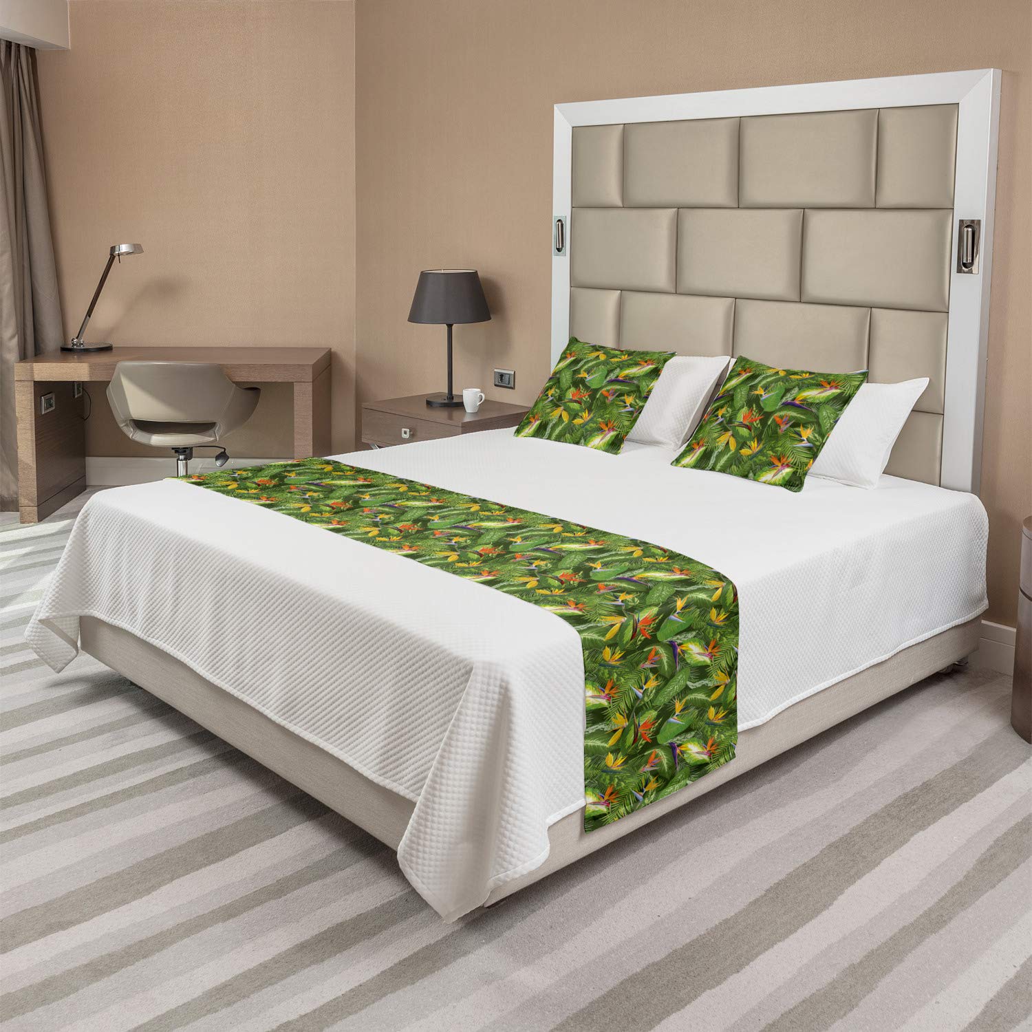 Lunarable Leaf Bed Runner Set, Fresh Brazilian Forest Untouched Jungle Paradise Tropical Foliage Flowers, Decorative Bedding Scarf and 2 Pillow Shams for Hotels Homes, King, Orange Yellow