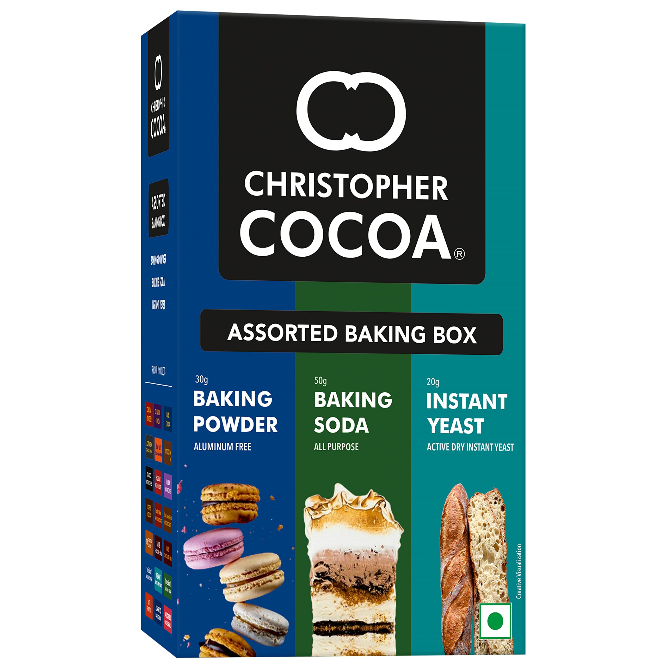Christopher Cocoa Assorted Baking Box Aluminum free Baking Powder 30g, All purpose Baking Soda 50g, Active dry instant yeast 20g (Bake Cakes, Cookies, Breads, Brownies)