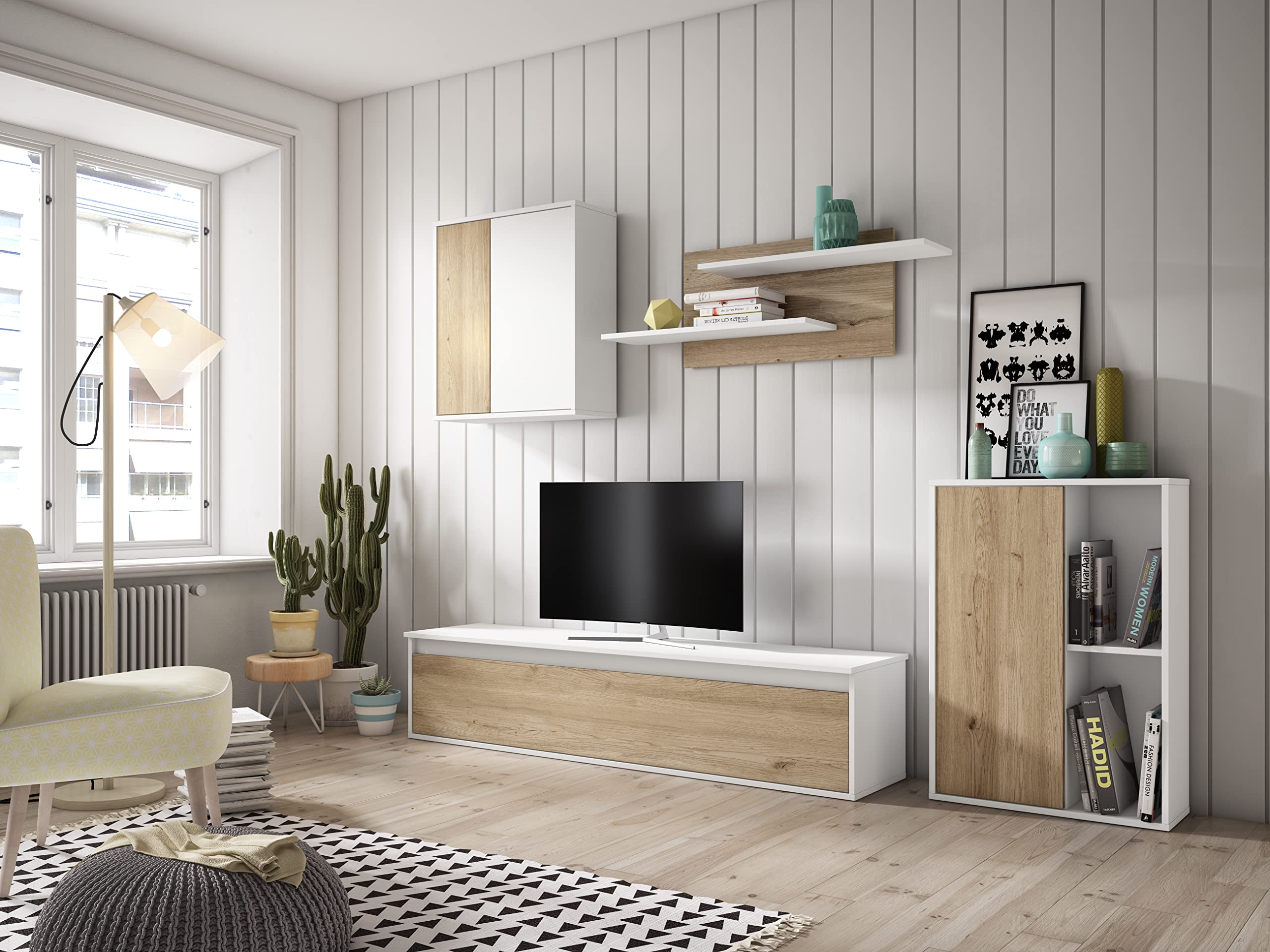 Skraut Home - Wohnzimmermöbel | TV-Möbel + 2 Aufbewahrungsmöglichkeiten + Regal | 220 x 38 x 180 cm | Komplettes Set für Wohnzimmer | 4 Elemente | Eiche und Weiß | nordischer Stil