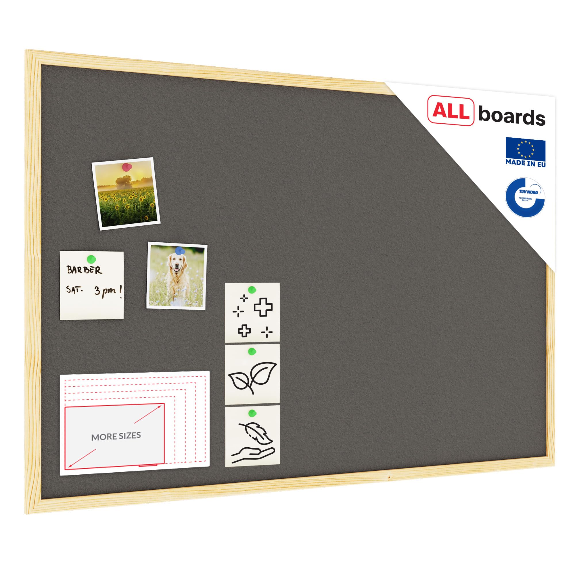 ALLboards Grey Cork Notice Board Wooden Natural Frame 60×40 cm