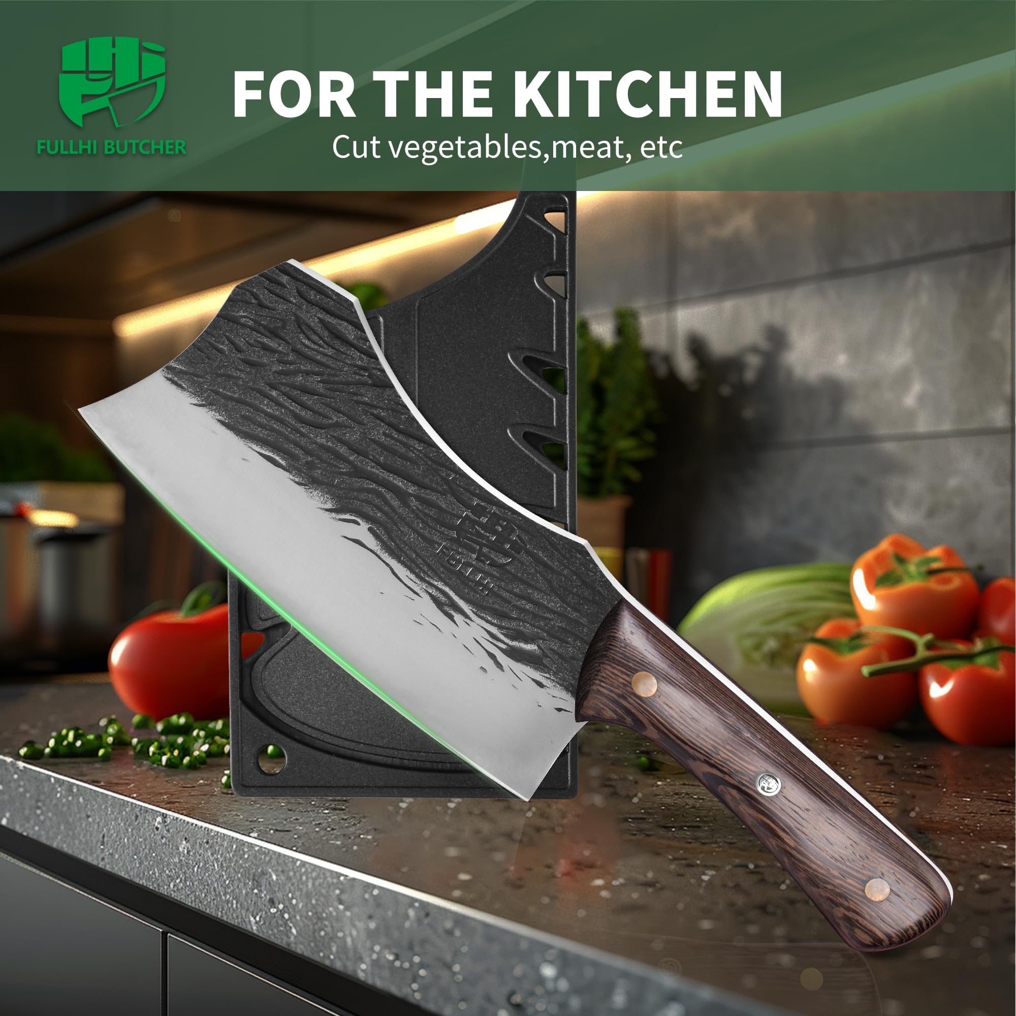 FULLHI Meat Cleaver bbq Cuchillo de Chef con Fundas de Acero al Carbono para Cortar Carne Set de Cuchillos de Cocina para Regalos Idea Hombres mujeres (Marrón, 19,5cm)