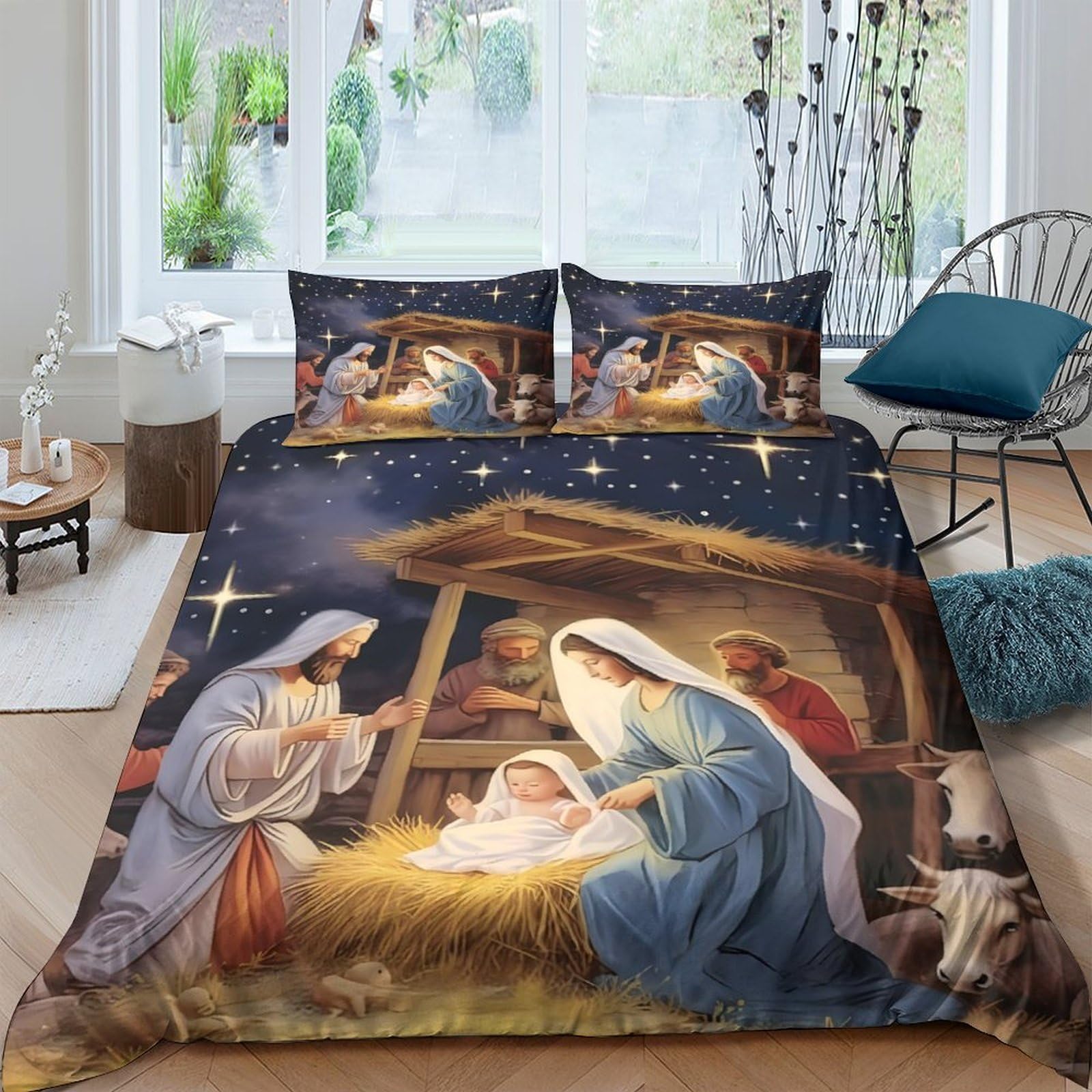 Ctjqhvkz Style-6 3D Printed Nativity Scene Fitted Sheet Microfiber Soft Christmas Manger Bed Cover Anti-Slip Machine Washable For Bedroom Guest Room Decor Single（135X200cm）