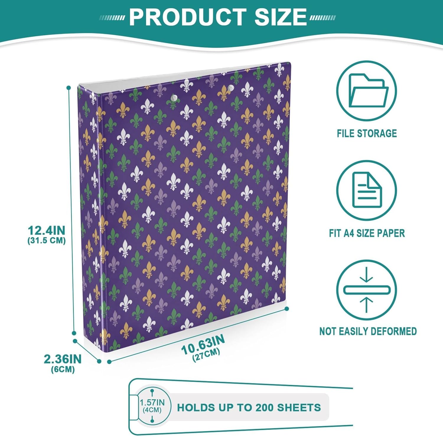 Mardi Gras 3 Ring Binders, 1.5” Round Ring Binders with Clipboard - Letter Size, 3 Interior PVC Clear Pockets & Anti-Slip Clip for Office School Supplies, 2PCS