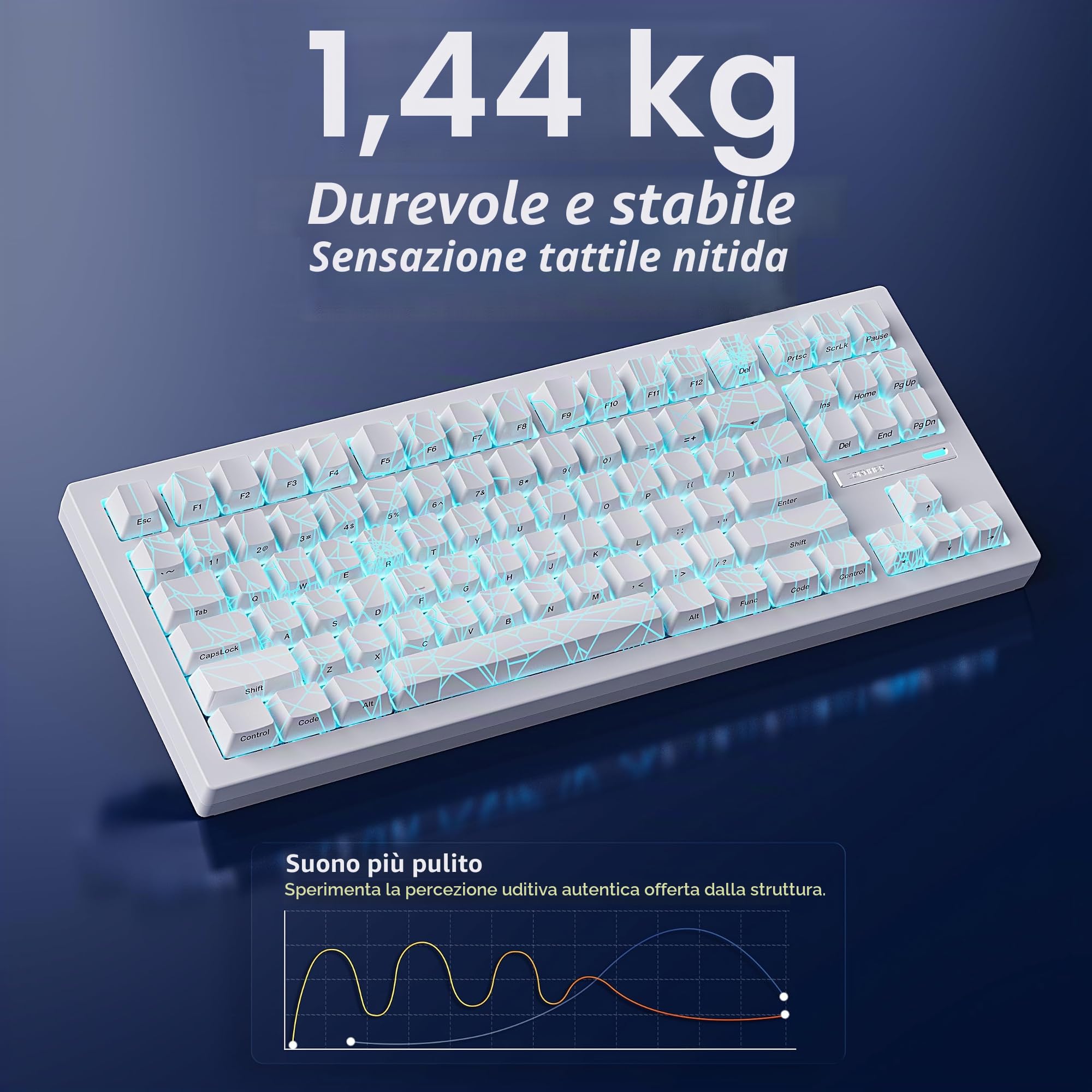 ZORNHER Tastiera meccanica da gioco wireless ZH870, tastiera da gioco bianca all'80% con keycap PC IMD a ragnatela bianca, interruttori lineari dal suono cremoso, sostituibile a caldo