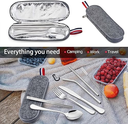 Miniatura 3 de LIANYU Juego de utensilios de viaje portátiles de 8 piezas con estuche gris, cubiertos reutilizables de acero inoxidable con palillos y pajitas