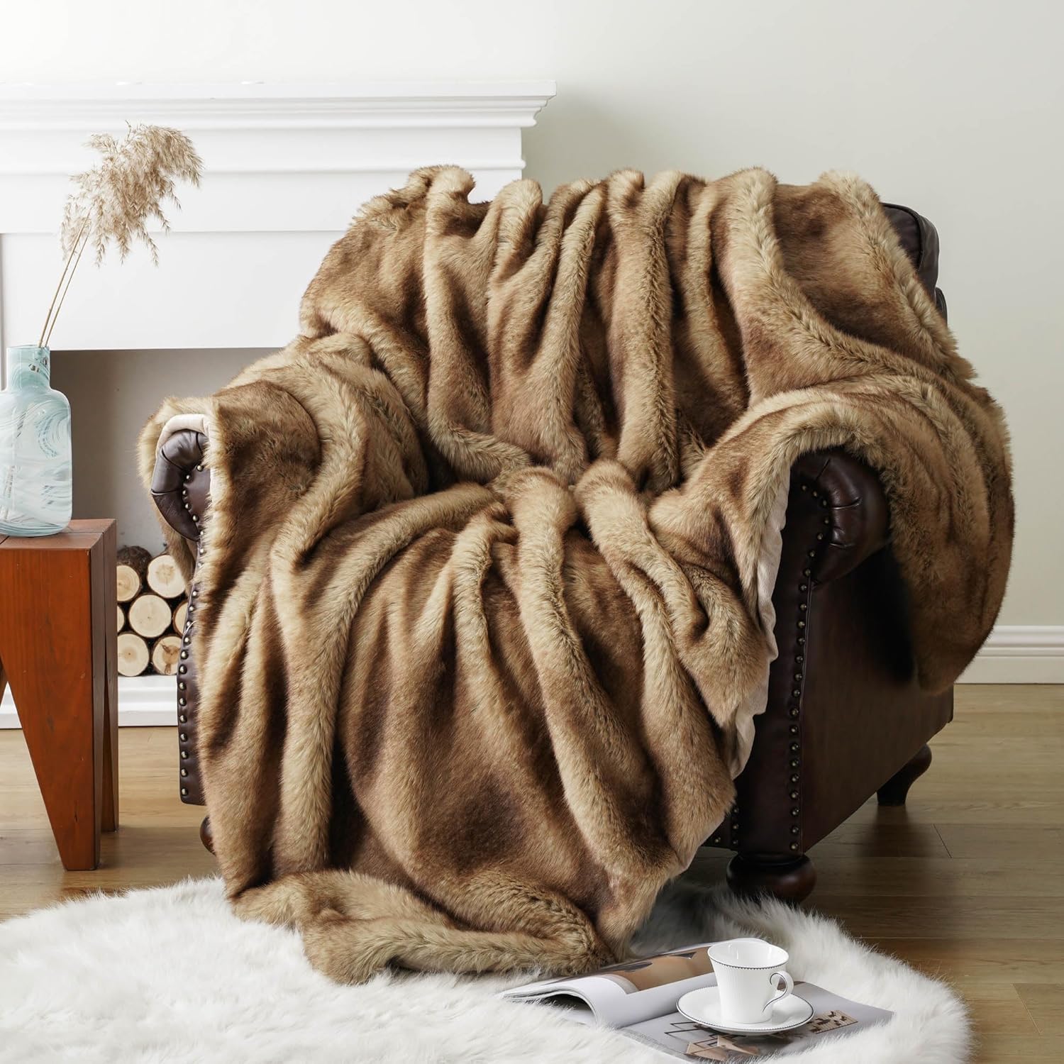 BATTILO HOME Faux Fur Throw Blanket Camel 50"x 60" Fluffy Blanket Warm