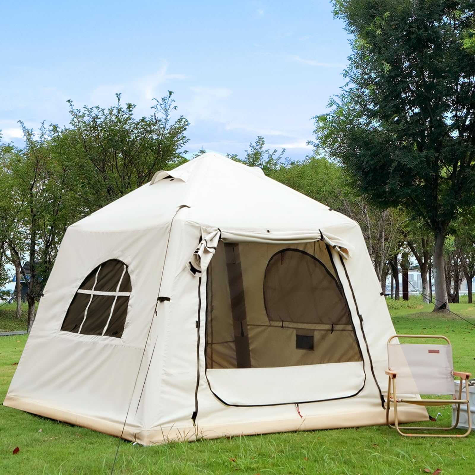 KNUO 2025 Upgraded 100% Waterproof Inflatable Camping Tent, Large Blow-Up Air Tent, No Assembly Needed Luxury Glamping House, Oxford Fabric