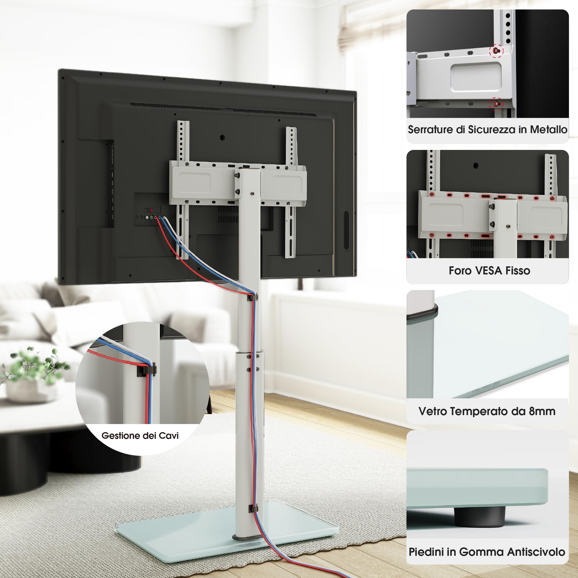 AOKCOS Supporto TV da Pavimento inclinabile per 32-55 65 70 Pollici, Girevole & Altezza Regolazione Mobile Porta TV da Terra, Bianco Max VESA 400x400mm 40kg