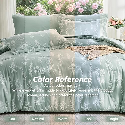 Miniatura 6 de MUXHOMO - Juego de ropa de cama Queen de 7 piezas, diseño reversible verde salvia patrón de flores botánicas, ultrasuave y transpirable con edredón,