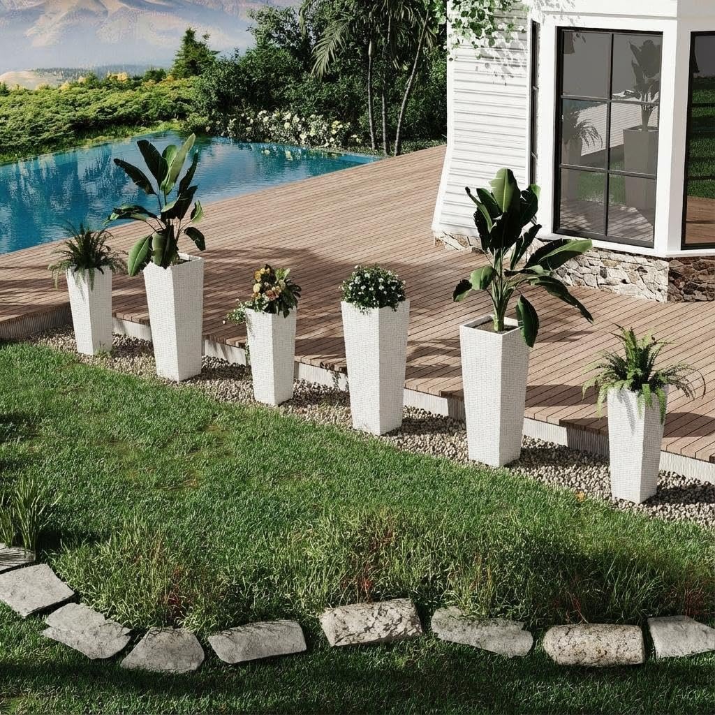 Tall Rattan Planter Set of 2, 32 Inch Weather Resistant Large Outdoor Planter Pots with Drainage Holes & Removable Liners, Modern Decor for Patio Porch Backyard Garden Trees Flowers Indoor
