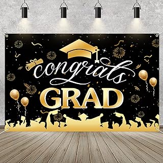 Graduation Party Decorations 2023, Congrats Grad Prom Backdrop 39x59 Inch Graduation Banner Black and Gold Grad Congrats Wall Decor/Photo Backdrop Prop…