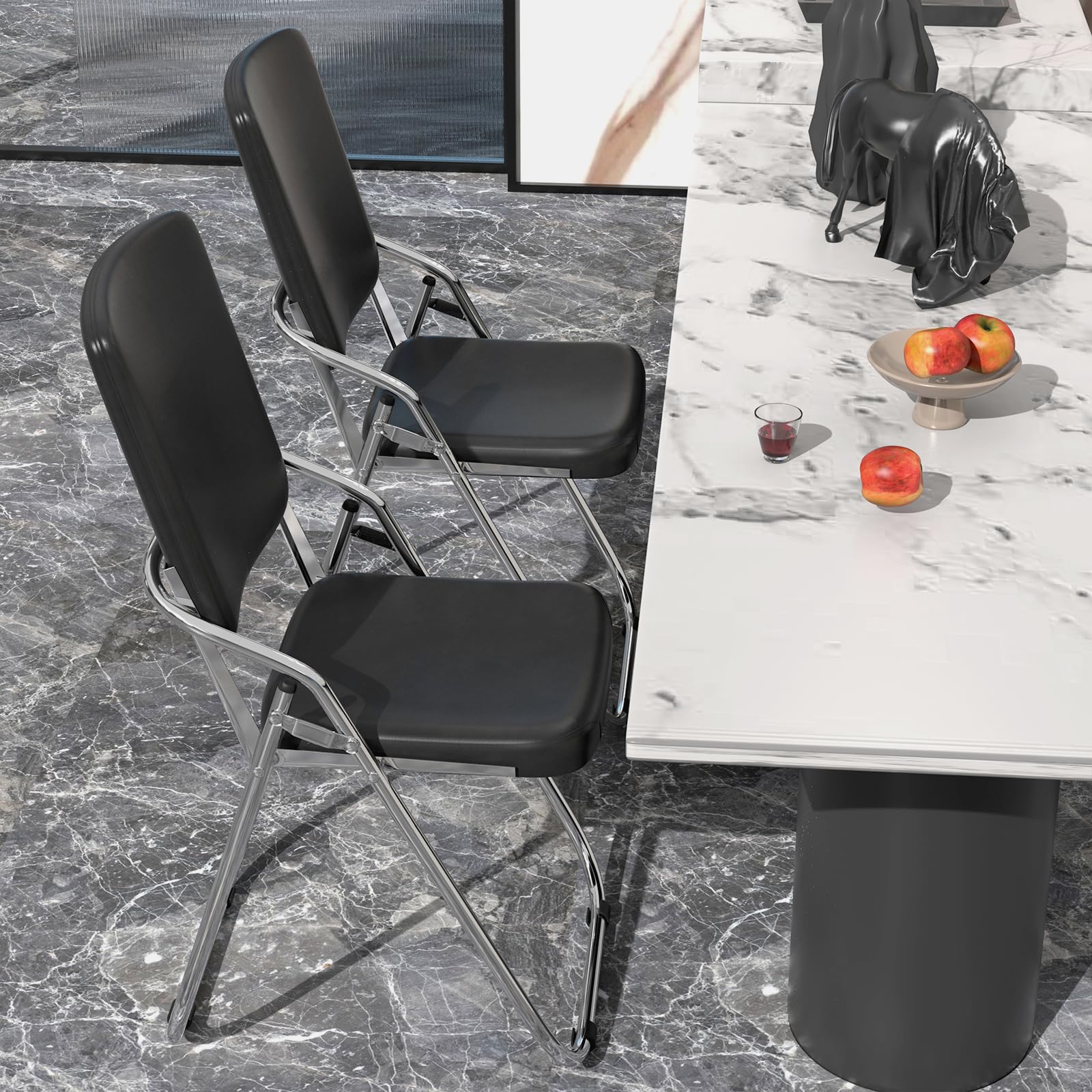 Silla Plegable de Metal Piel Sintética con Asiento y Respaldo Tapizado Sillón Sillas Plegables para el Hogar, al Aire Libre, Cocina, Oficina, Silla Plegable Acolchada, Negro, 1 Pieza