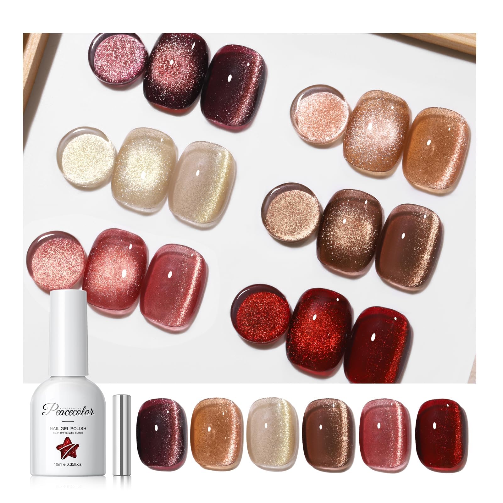 PEACECOLOR 6PCS UV Nagellack Cat Eye Rot, UV Nagellack Magnetisch Glitzer, Cat Eye Gel mit Magnet, Herbst Winter Maniküre und Nagelkunst DIY zu Hause 10ml