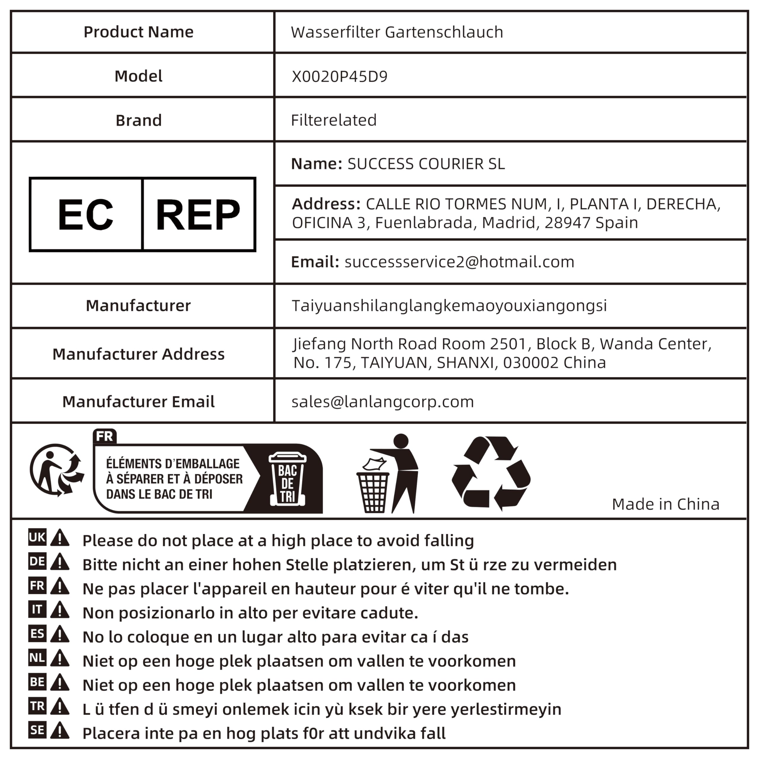 Kit de filtre à eau pour tuyau d'arrosage avec 1 insert filtrant, valve de régulation et 2 adaptateurs rapides comme filtre de remplissage pour nettoyeur haute pression, camping-car, caravane, bateau,