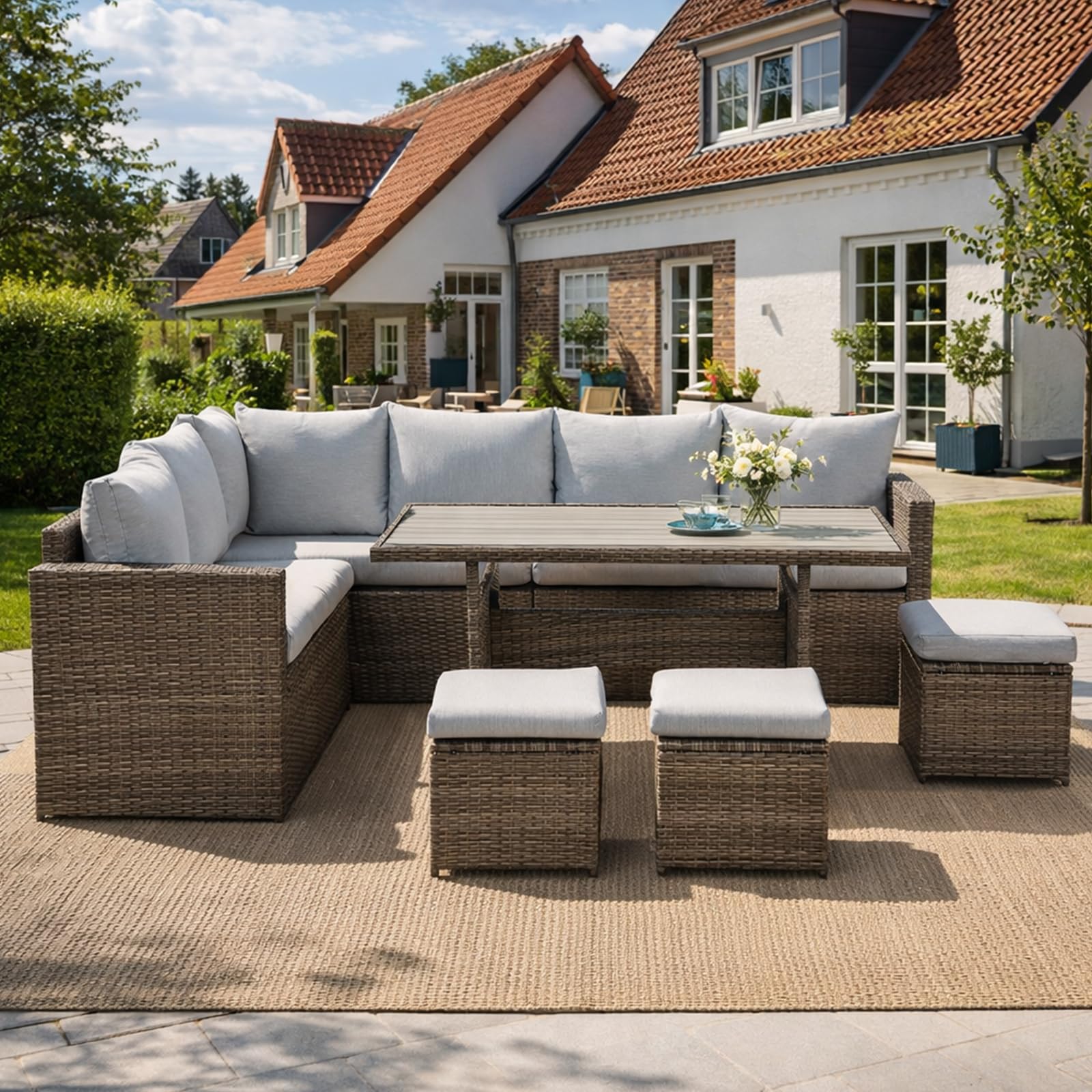 LANOX Polyrattan Gartenlounge Set 7-teilig für 8-10 Personen, Grau