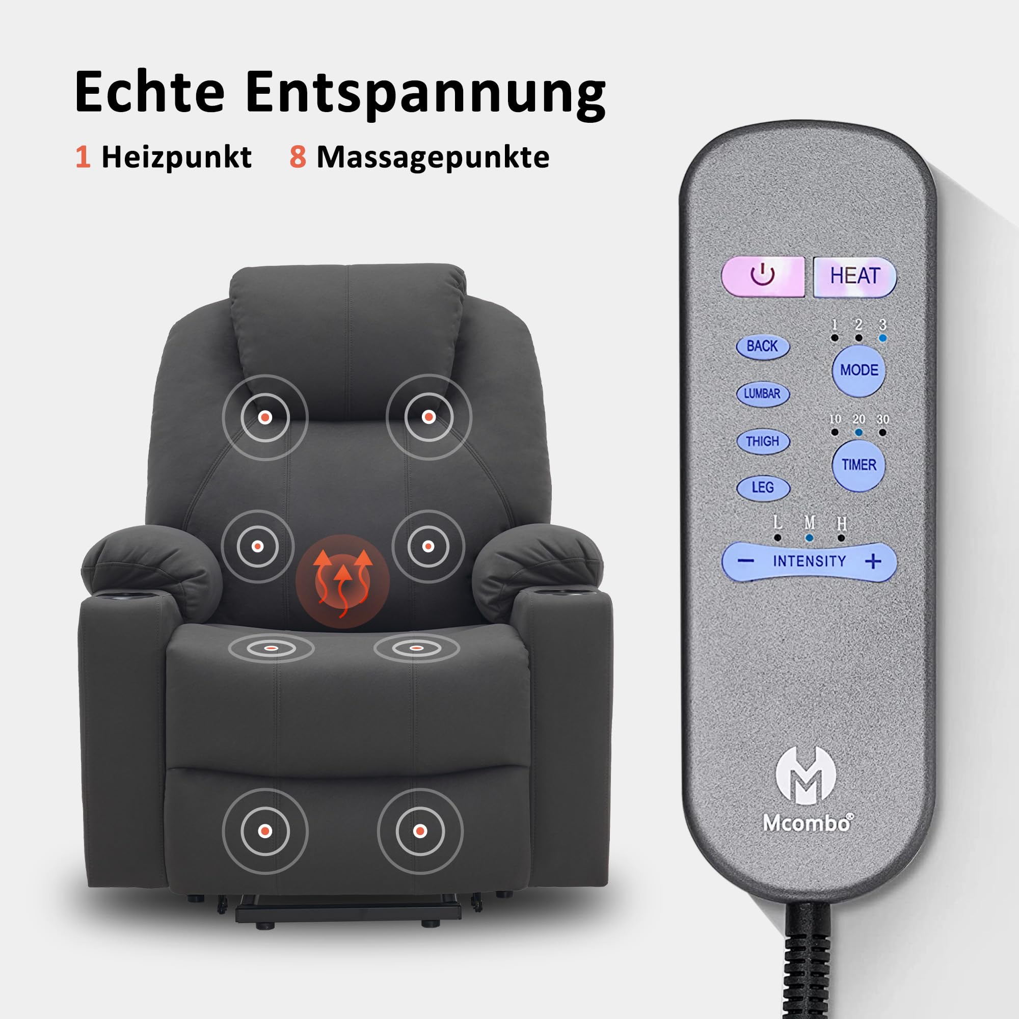 M MCombo Poltrona per TV con supporto per alzarsi, elettrica, poltrona relax con funzione sdraiata fino a 140°, poltrona massaggiante con funzione di calore, pulsante e telecomando regolabile, con