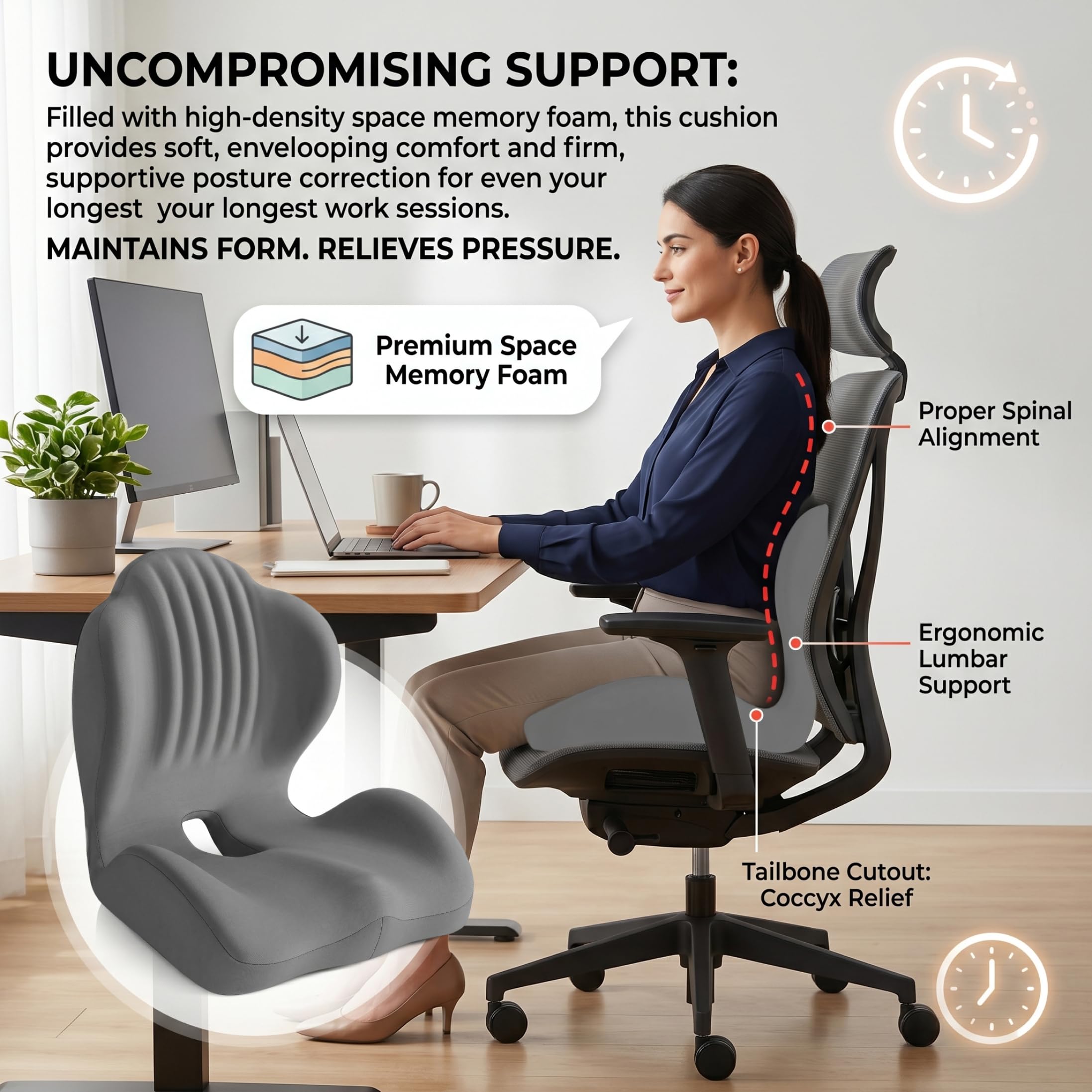 Cuscino ortopedico, Cuscino ortopedico, Sedile ergonomico in memory foam a forma di L con cavità nel coccige, Cuscini per sedie da ufficio per comfort lombare e posteriore, Grigio