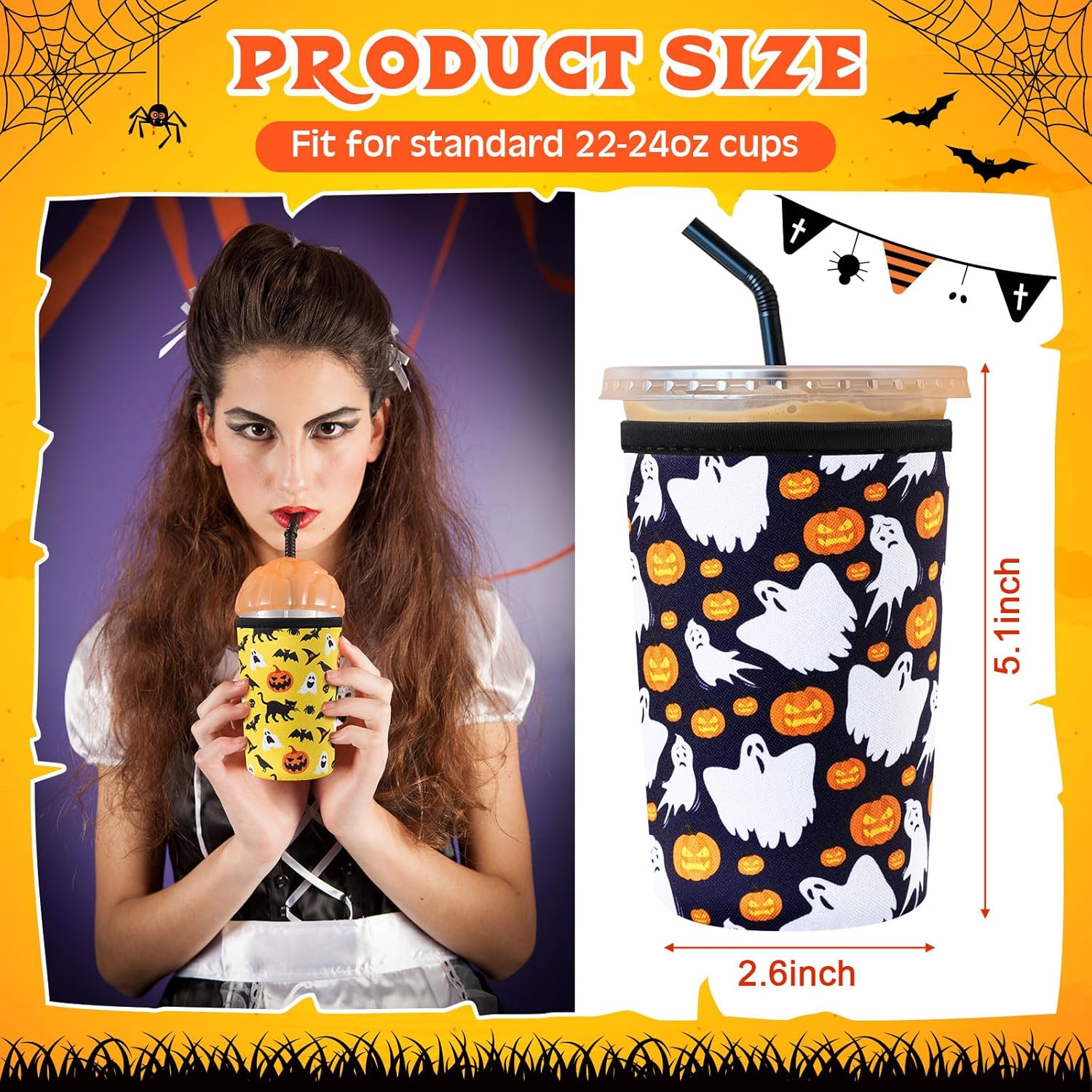16 Pcs Halloween Iced Cup Sleeves Bulk Reusable Drink Cup Sleeve Neoprene Insulator Tumbler Holder for Cold and Hot Beverages Soda