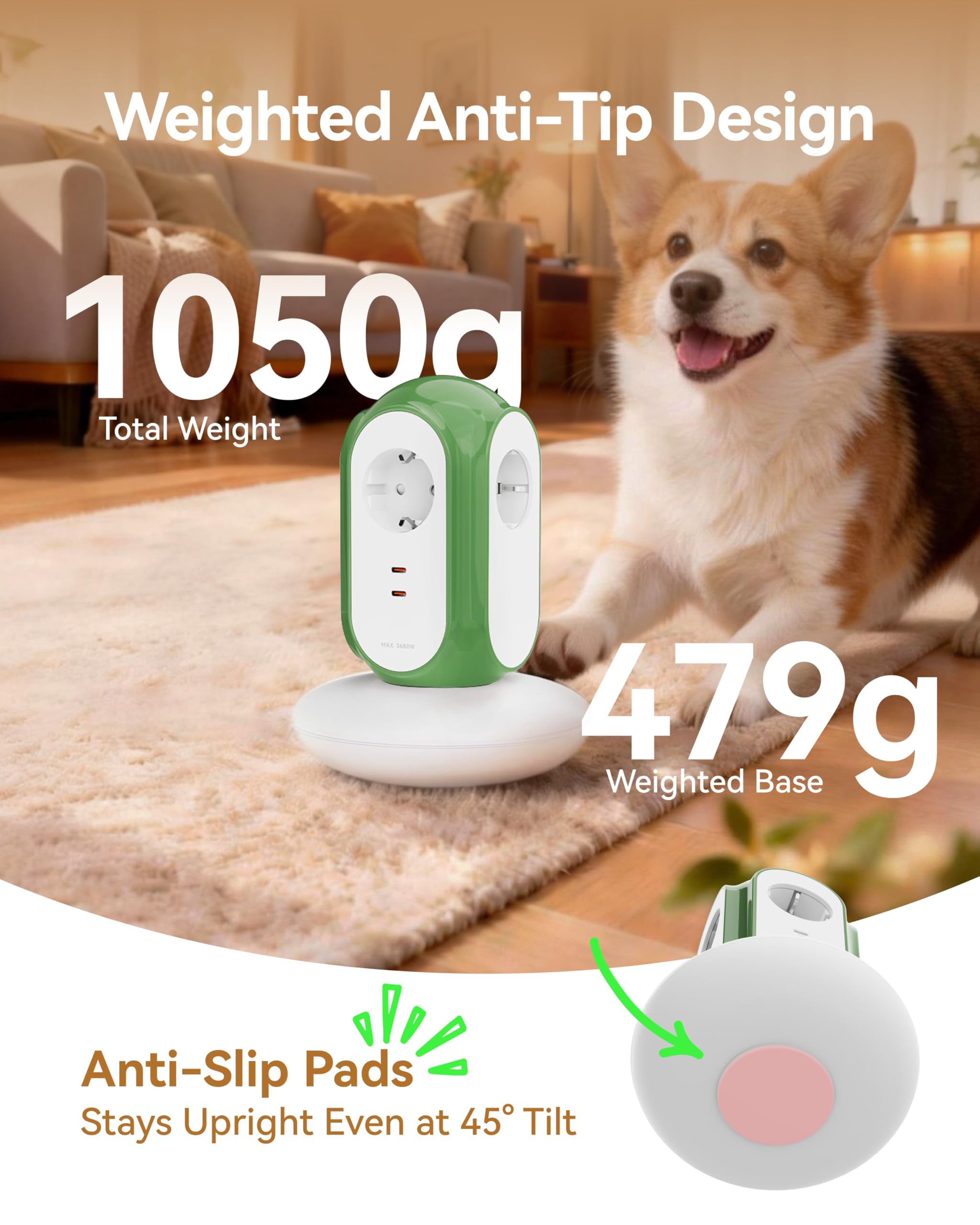 MiaoLab Regleta Eléctrica en Torre con 3 Tomas AC y 2 USB-C (Carga Rápida 30W), 3680W/16A, Protección contra Sobretensiones 1420J, Cable de Extensión 2 m, Protección contra Sobreca (Verde Normandia) — view 7