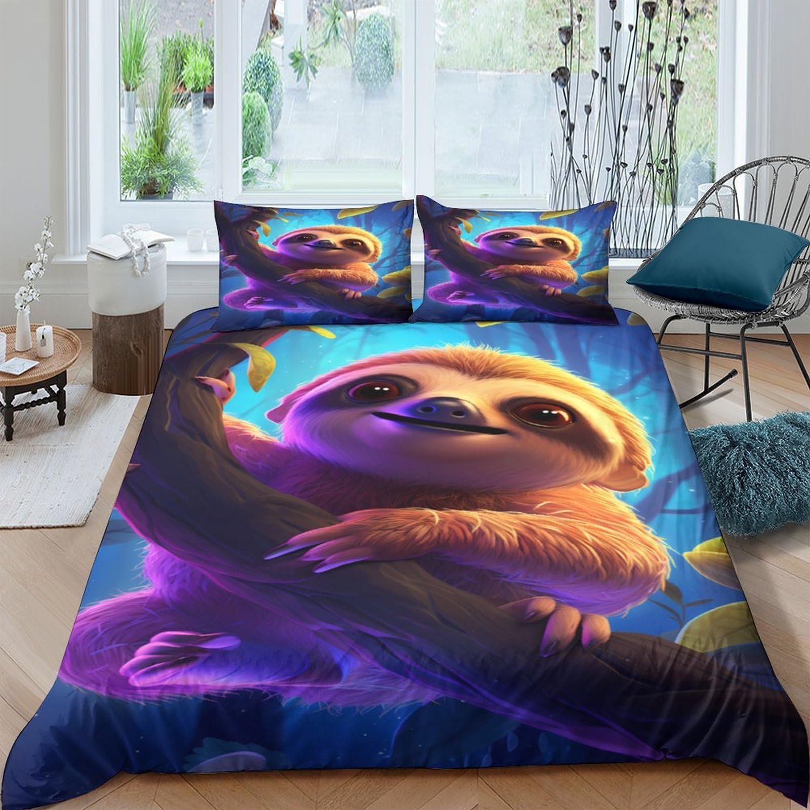 Ctjqhvkz Style-4 3D Printed Sloth Jungle Fitted Sheet Microfiber Soft Mattress Cover Bedroom Decor Dustproof Easy Care Single（135X200cm）