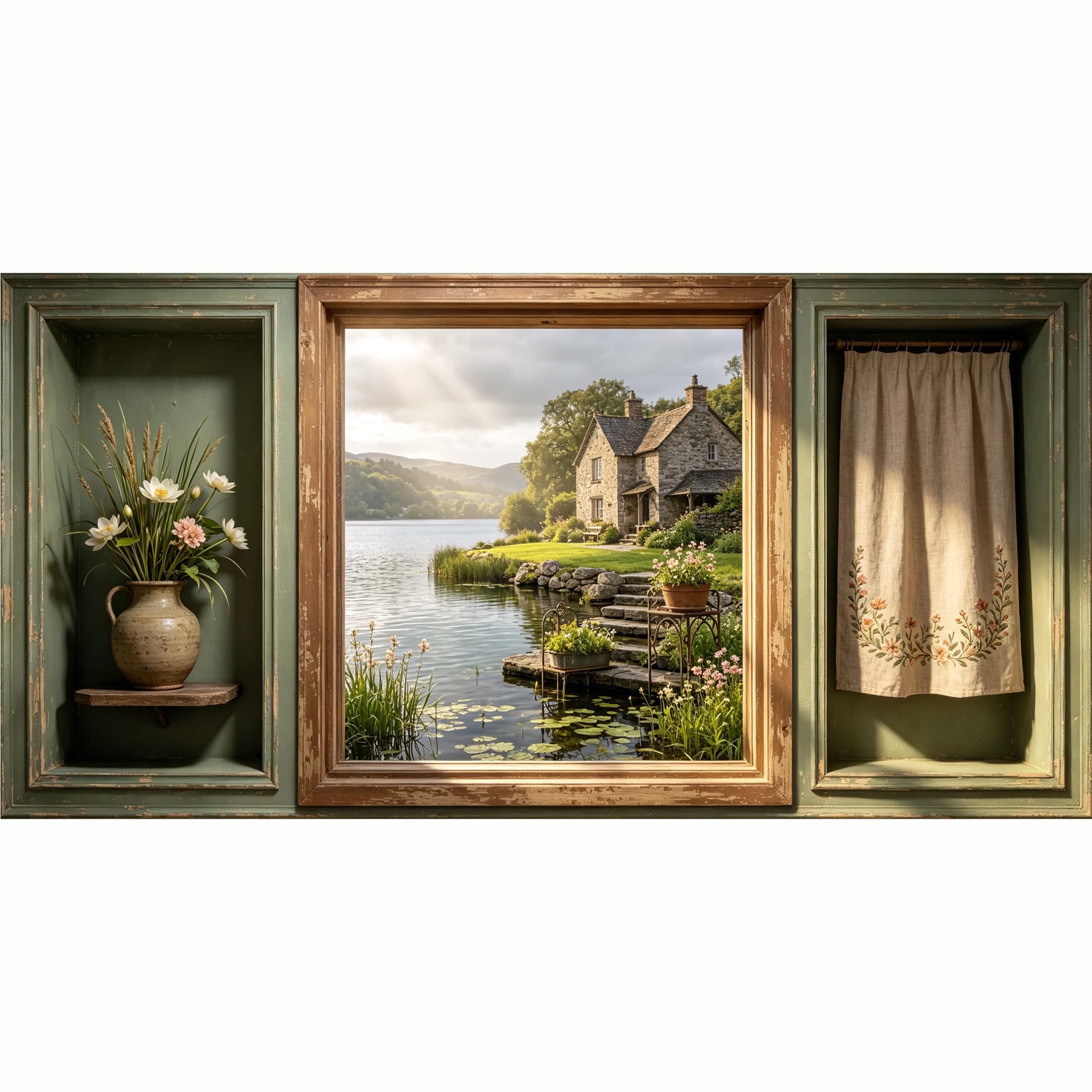 QZLITHOTIC 50x100cm 3D Framed Wall Art， Scenic Lakeside Stone Cottage Farmhouse Botanical SelfAdhesive Mural， Water‑Activated Peel & Stick Fabric Decor Wall Decal for Bedroom Living Room