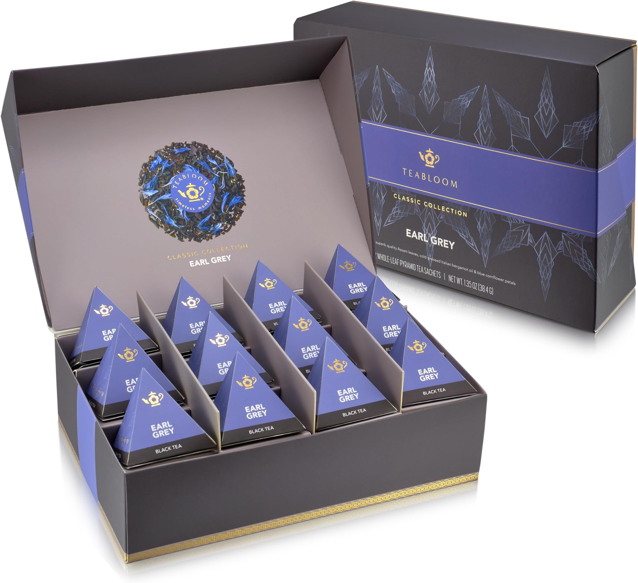 Teabloom Earl Grey Pyramid Tea Presentation Box, 12 Whole-Leaf Pyramid Tea Sachets