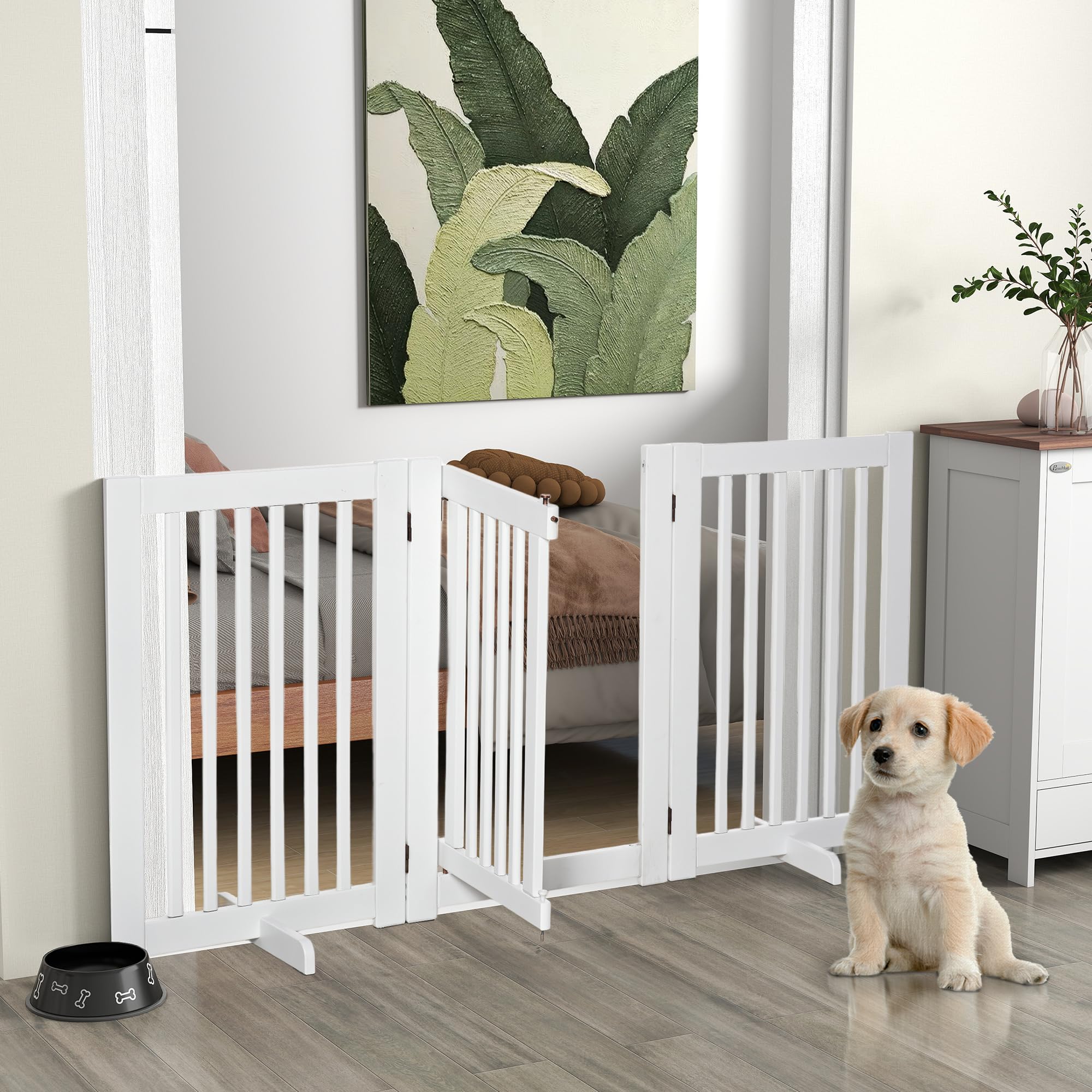 PawHut Barrière de sécurité Chien barrière modulable Pliable avec Porte verrouillable intégrée 155 x 35,5 x 76 cm MDF Blanc