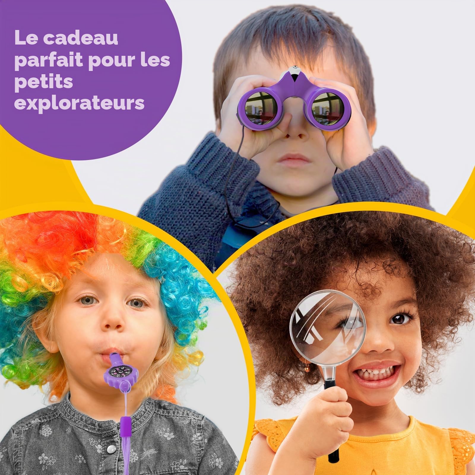 Jumelles pour Enfants 8x21 Haute résolution avec loupe et Boussole sifflet, Jumelles pour Enfants de 3 à 12 Ans, garçons et Filles en Plein air, Voyage, Exploration de la Nature (Violet)