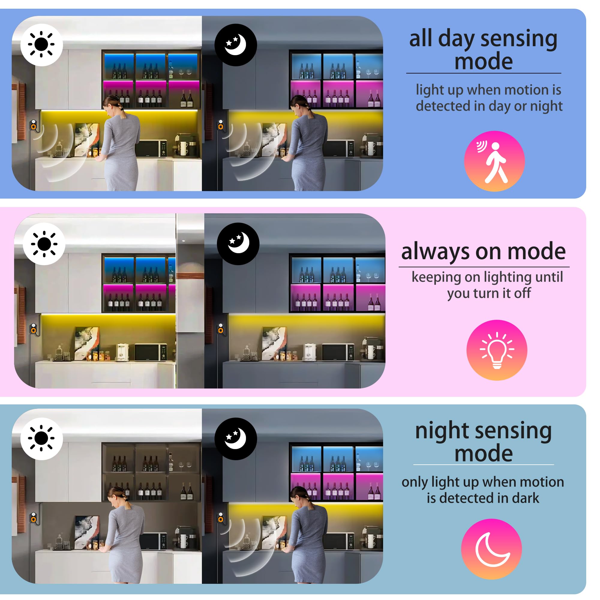 Auplf Under Bed Lights Motion Sensor LED Light Strip, 20ft 3 Mode RGB Motion Activated Bed Light with Music Sync and Timer, Color Changing Dimmable LED Light for Bedroom Stair