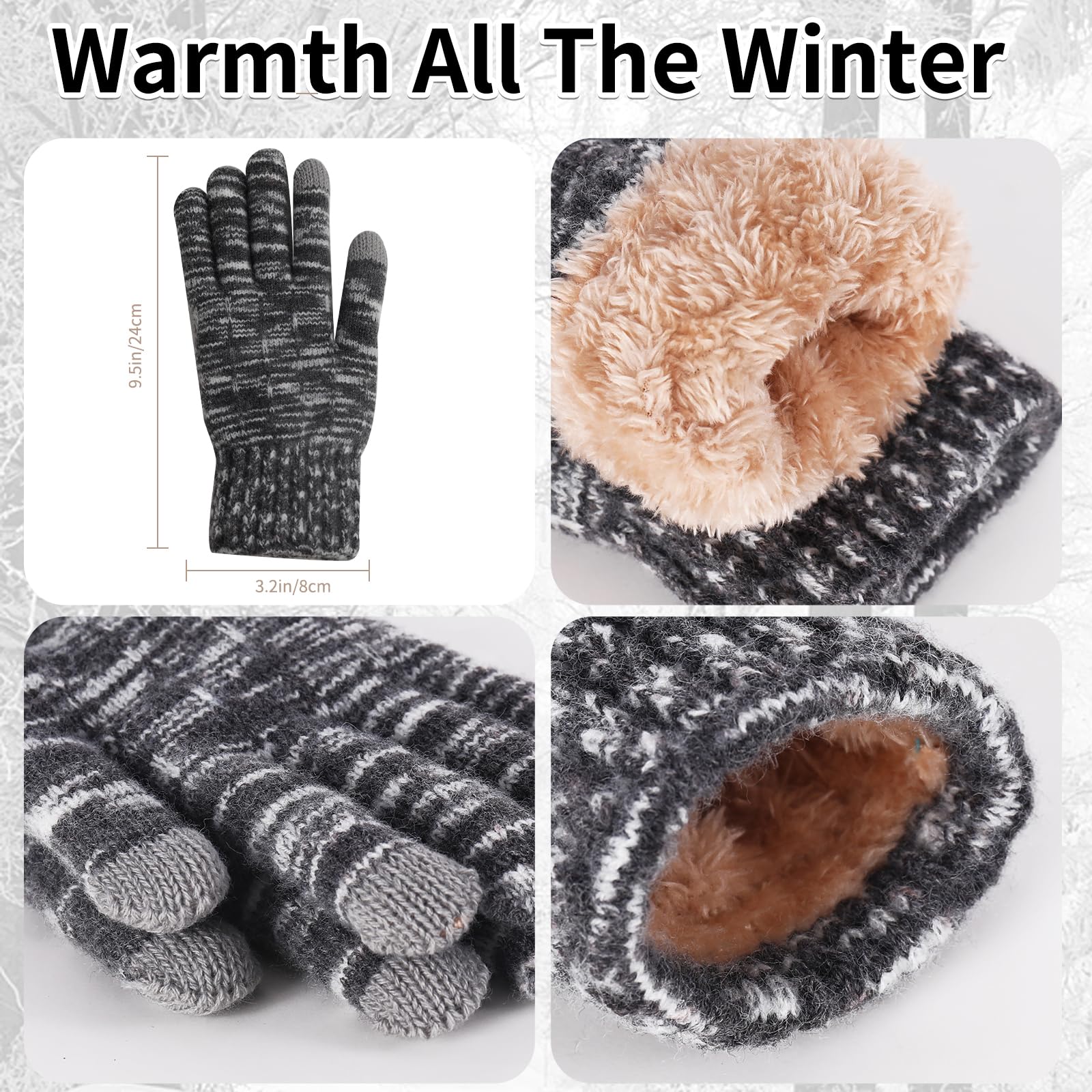 Juego de gorro, bufanda y guantes de invierno para mujer, gorro clásico con pompón extraíble, bufanda larga, guantes para pantalla táctil, juego 3 en 1
