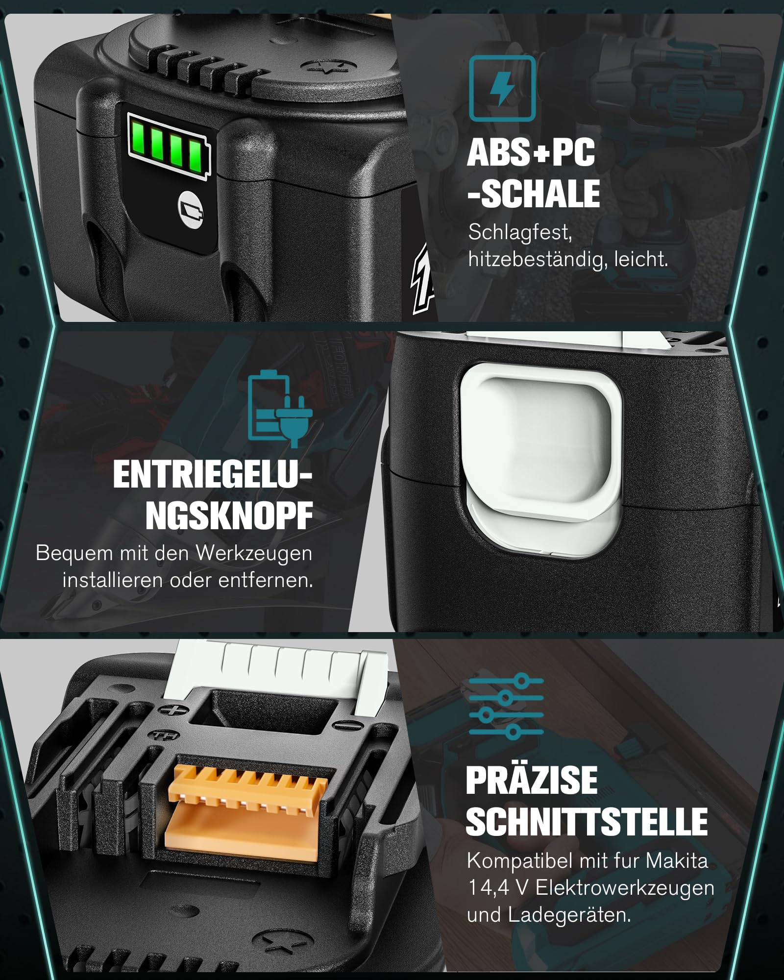 2X 14.4V 5000mAh Li-ion Ersatz für Makita Akku BL1450 BL1440 BL1430 BL1415 BL1415N mit LED-Anzeige mit Batteriedeckel
