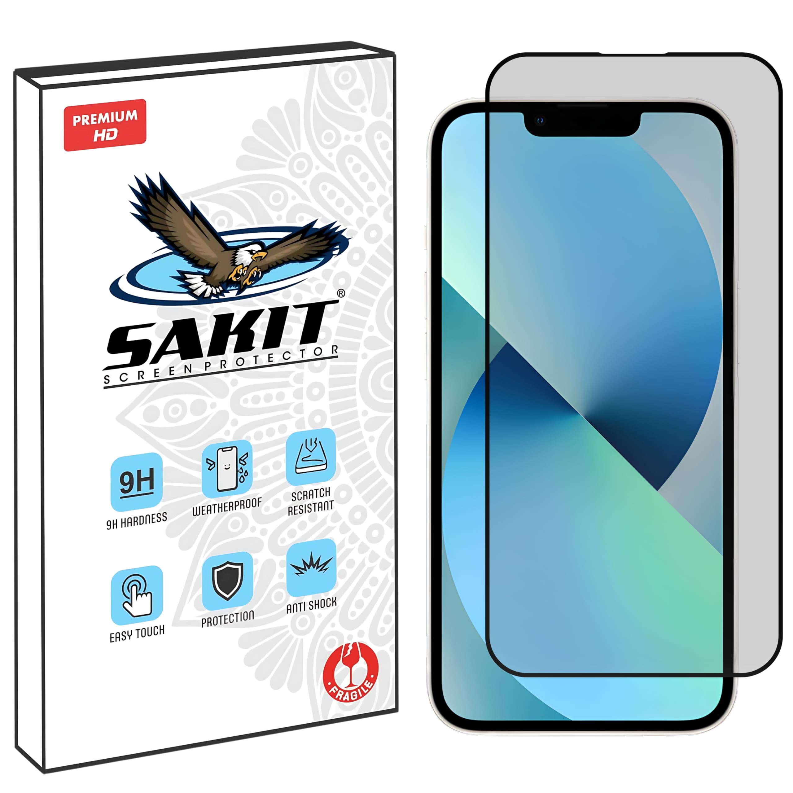 UniqueMe Sakit® Military-Grade Privacy Tempered Glass Screen Protector for iPhone 13/13 Pro / 14 / 16e with Edge to Edge Coverage I Case Friendly, 9H Hardness and Bubble free installation kit