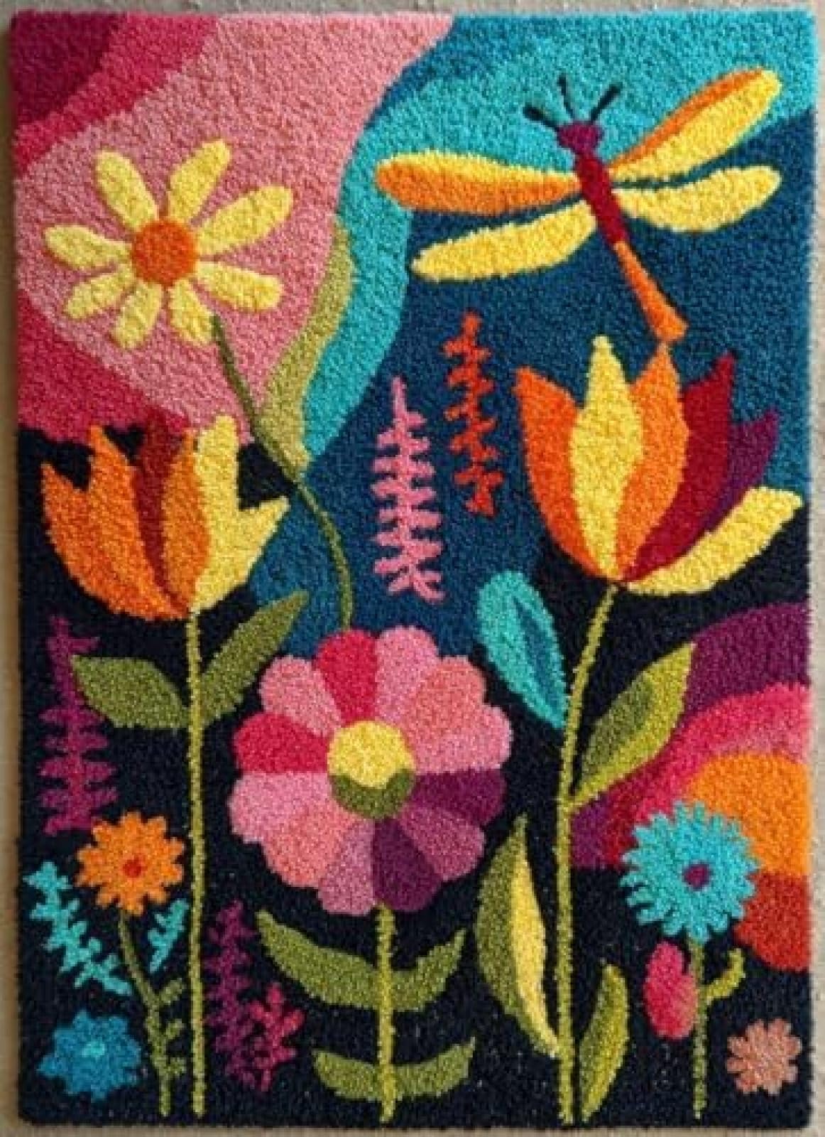 XDEGHUANGSS Latch Hook Rug Kit Dragonfly and Wild Flowers with Pre-Printed Mat Cover DIY Cushion Crochet Yarn Hooking Craft Set for Floor Decor 38x52cm-2