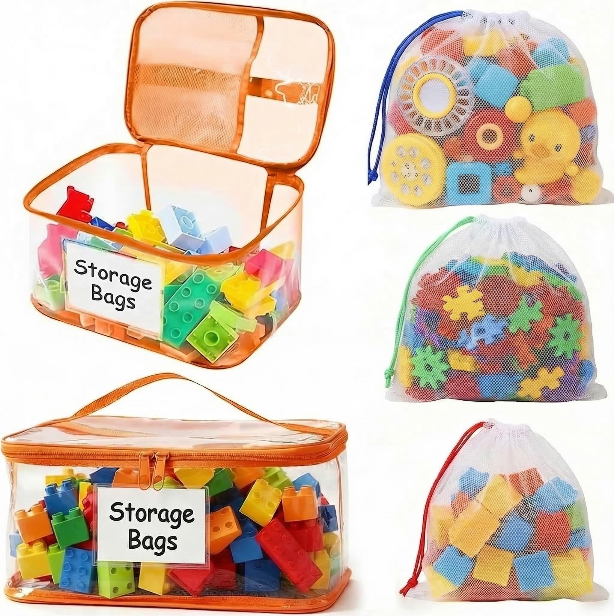 Gmbank Orange 2 Pcstoy Storage Bags With 3 Bonus Drawstring Bags, Clear Pvc Toy Organiser With Double Zipper & Handle, Clear Storage Bags For Building Blocks Puzzles Board Games Books & Travel Toys