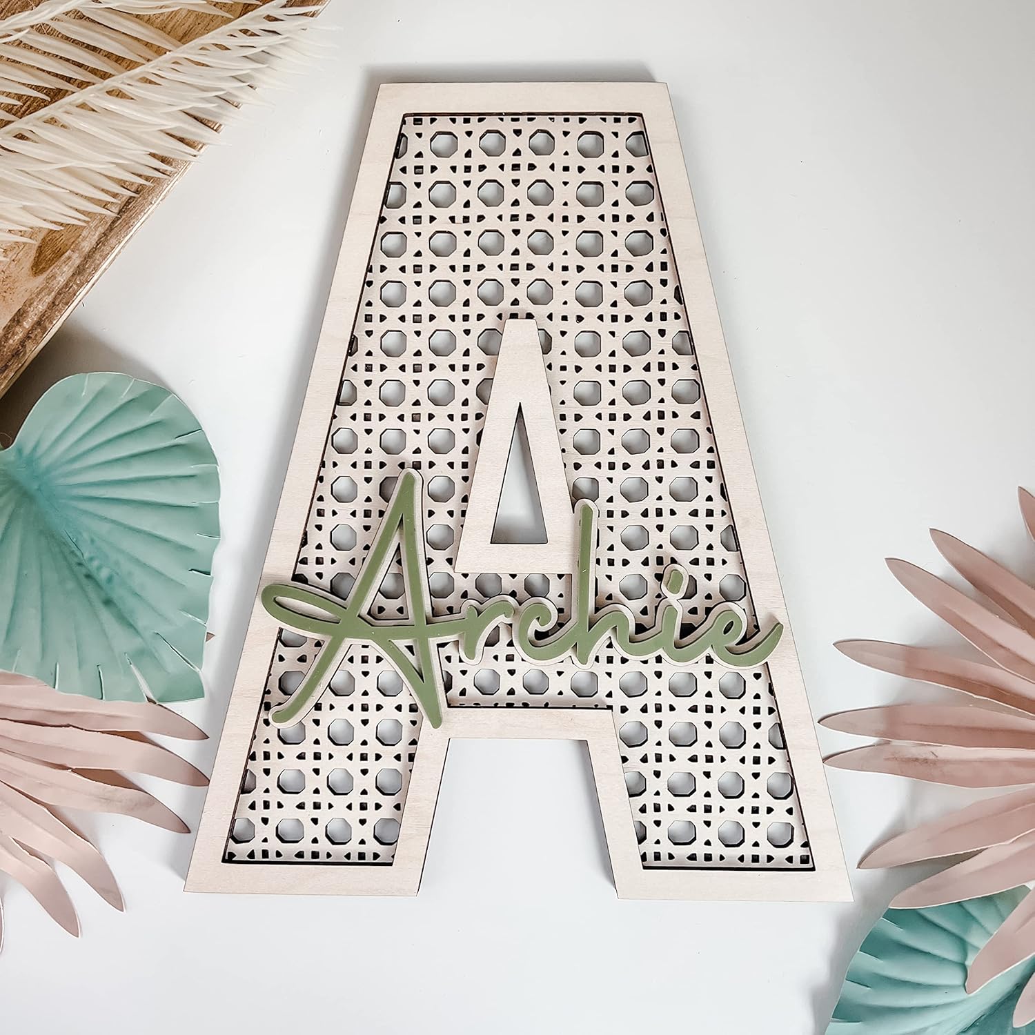 Custom Boho Wood Personalized Initial & Name Sign - Handmade Rattan Wall Decor for Nursery or Child's Bedroom - Baby Shower Present or Newborn Gift