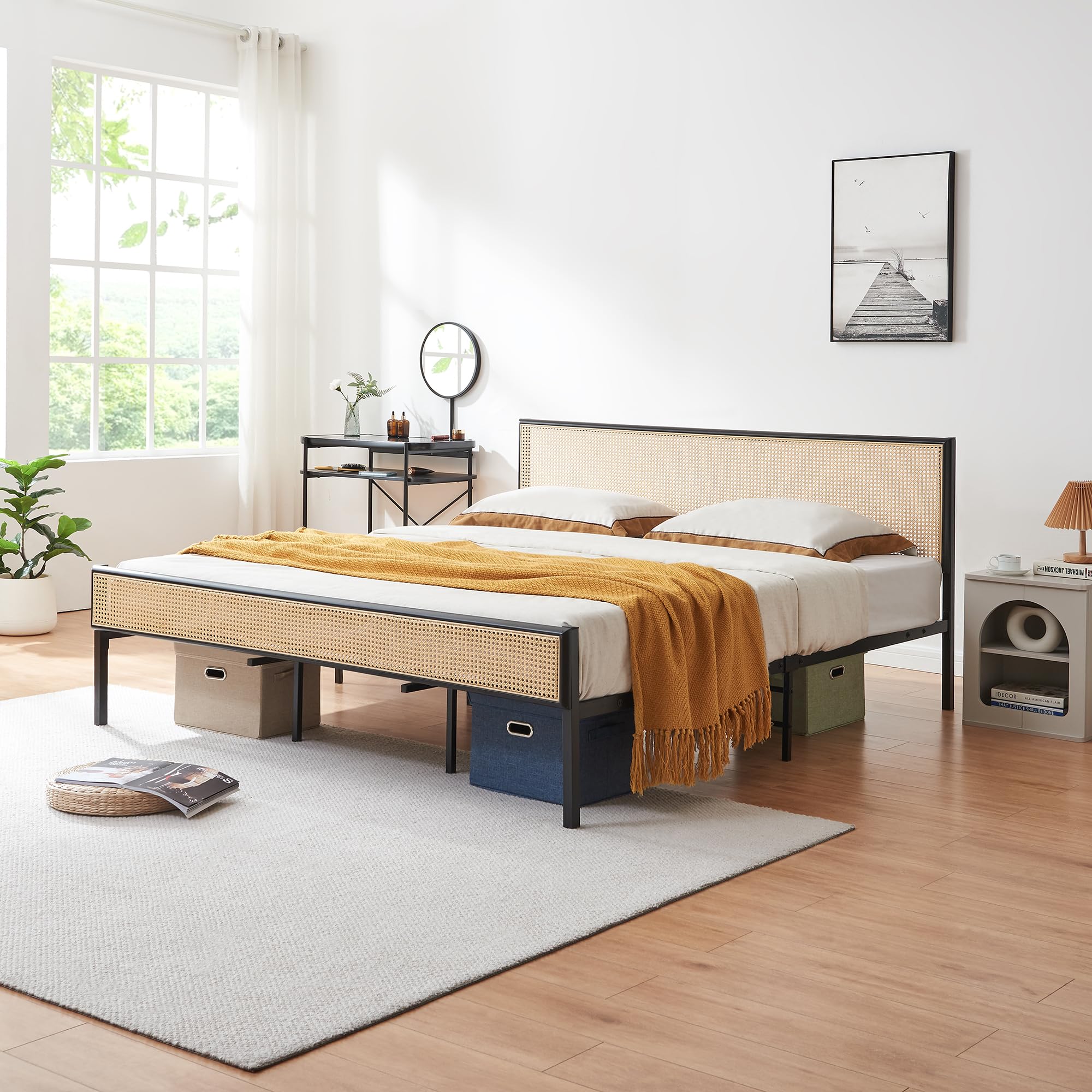 [en.casa] Bett Linköping 180 x 200 cm Bettgestell und Lattenrost Metallbett mit rechteckigem Kopfteil Doppelbett max. 300 kg Schwarz mit Rattanoptik