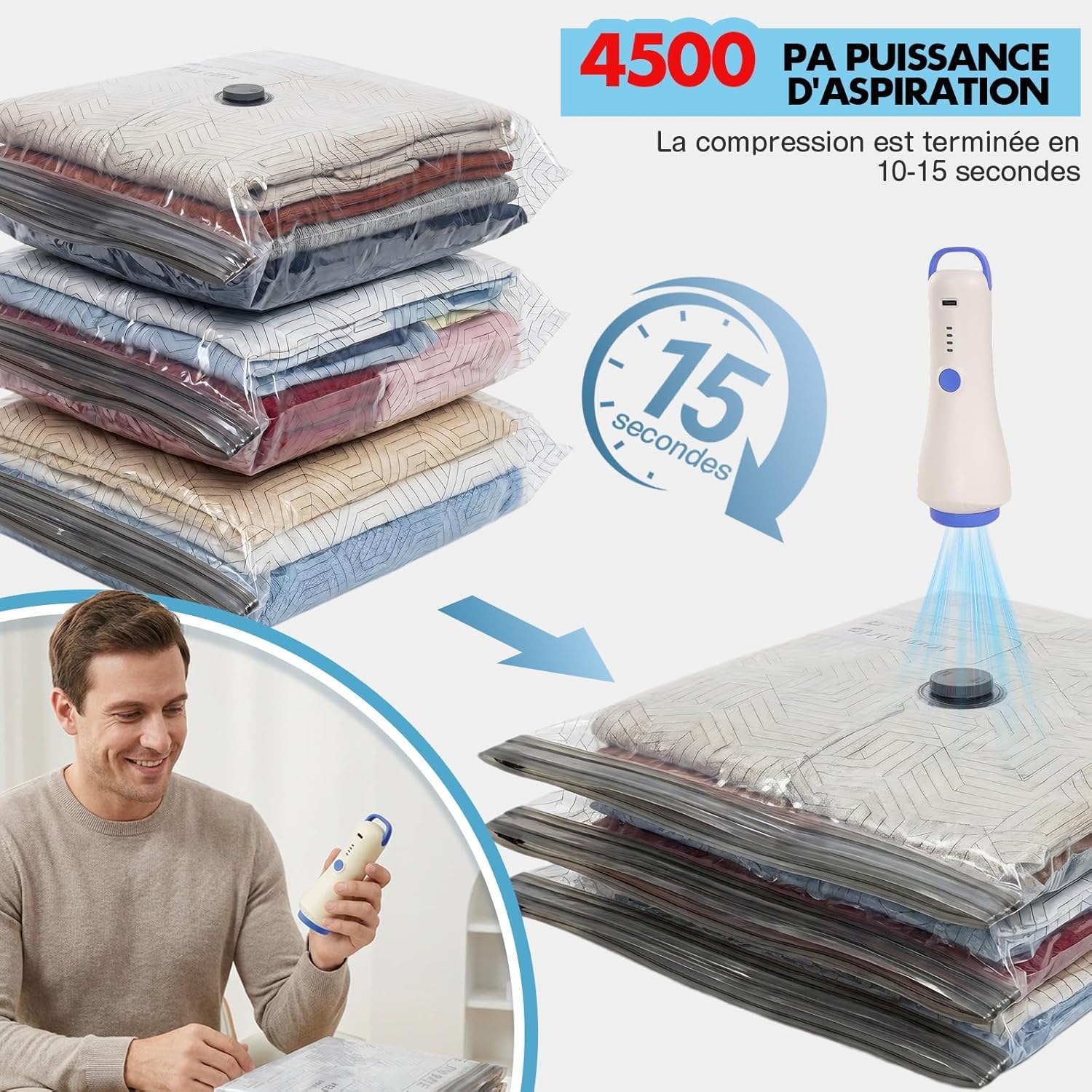 Sac Sous Vide Vêtement Aspirateur avec Pompe Sans Fil, Lot 20