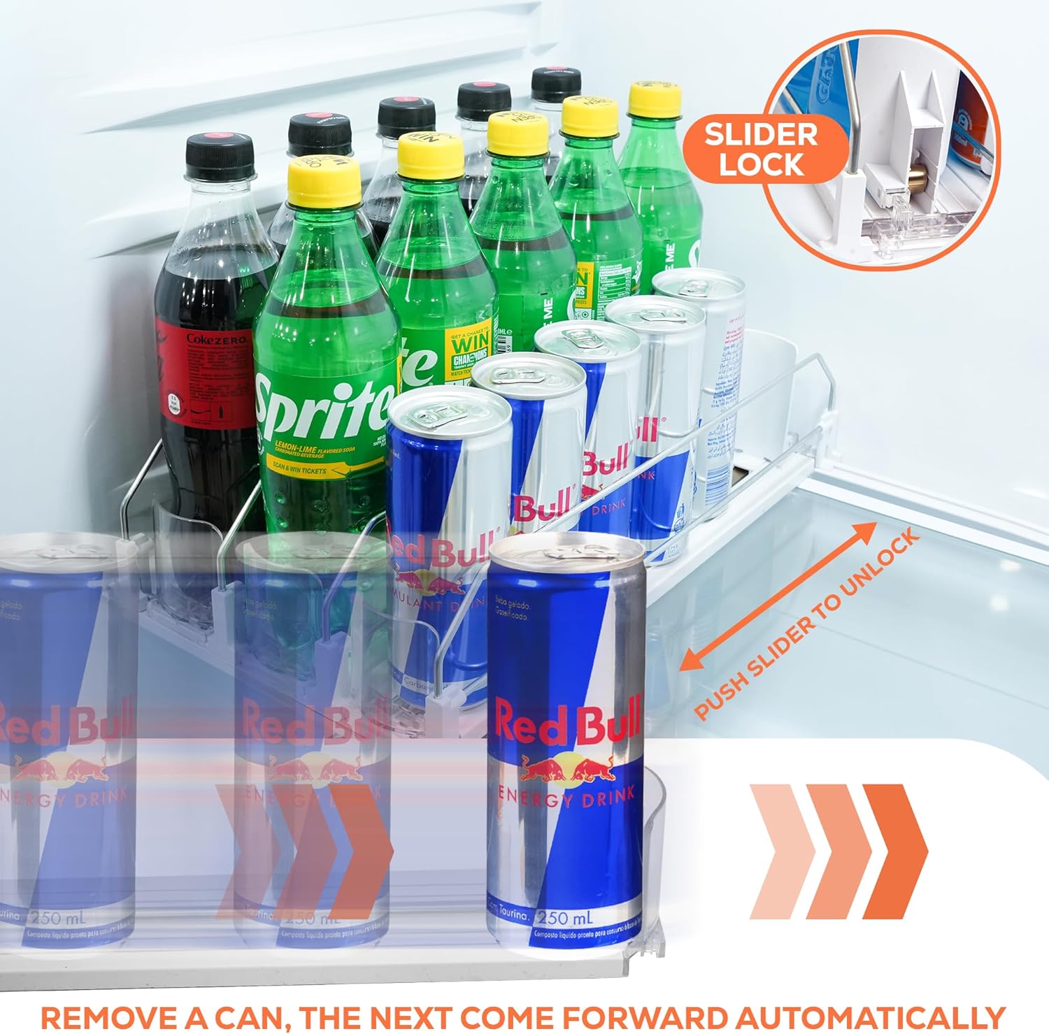 Upgraded Premium Drink Organizer for Fridge. Ultra Space Saving Soda Can Organizer for refrigerator with Larger Stopper Height and Automatic Pusher with Locking Feature. Holds 15 Cans (3 Rows, White) - Image 4