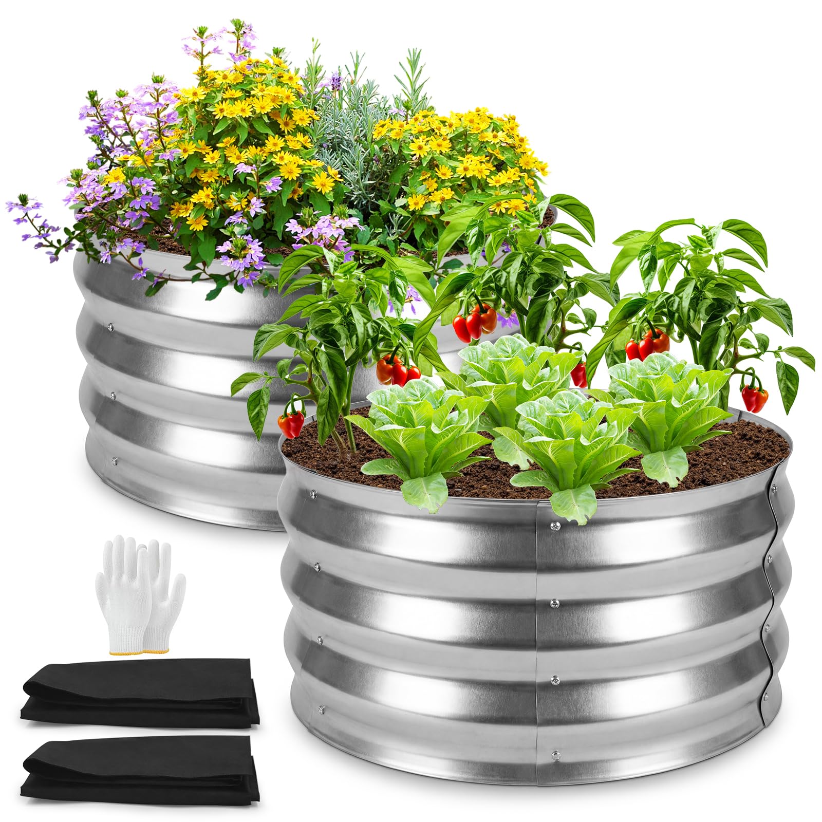 Huerto Elevado Redondo de Metal 2 Piezas, 60 x 60 x 30 cm Plateado, Jardinera Elevada con Tela de Plantación y Guantes, Macetero para Hierbas Aromáticas, Verduras, Flores, Balcón y Terraza