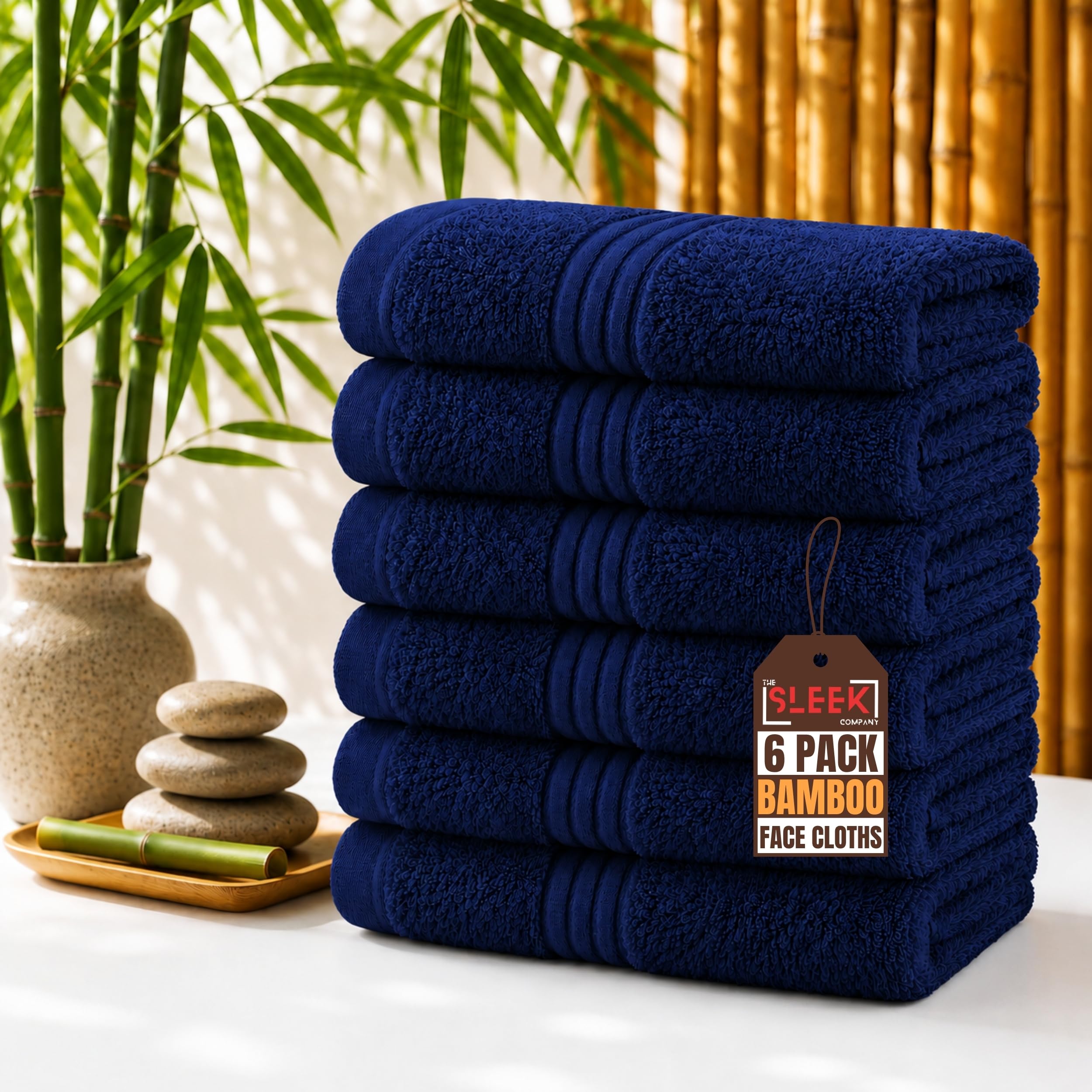 Luxury 700 GSM Bamboo Face Cloths (33x33 cm) – Pack of 6 – Soft, Hypoallergenic & Antibacterial Wash Cloth – Absorbent & Quick Dry Face Towels – Ideal for Home, Hotel, Gym, Skincare & Spa (Navy Blue)