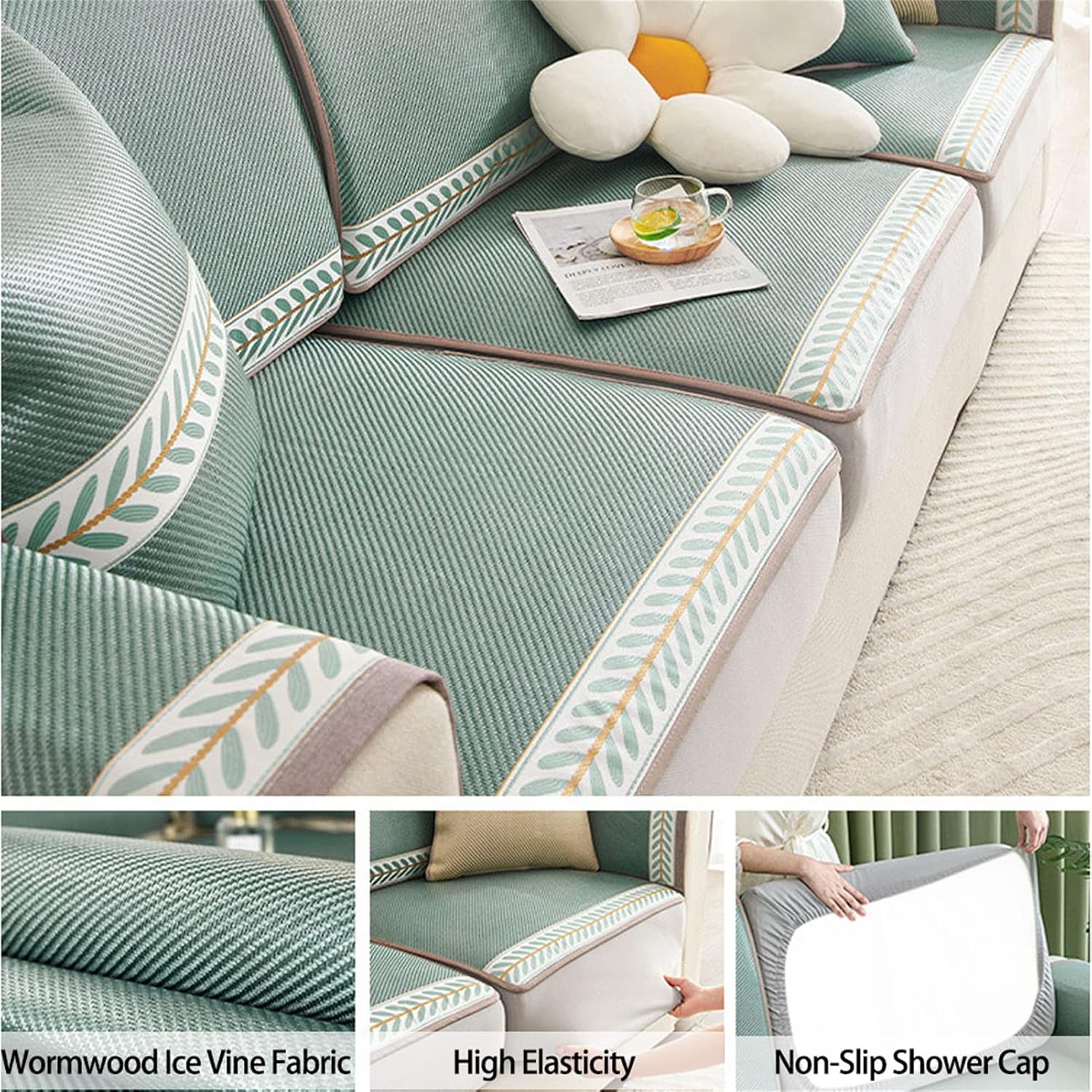 Sofa Seat Cushion Covers Non-Slip Sofa Cover Wormwood Mat Universal Couch Slipcovers Furniture Protector for Individual Cushion with Elastic Band (Green,60 * 80cm)