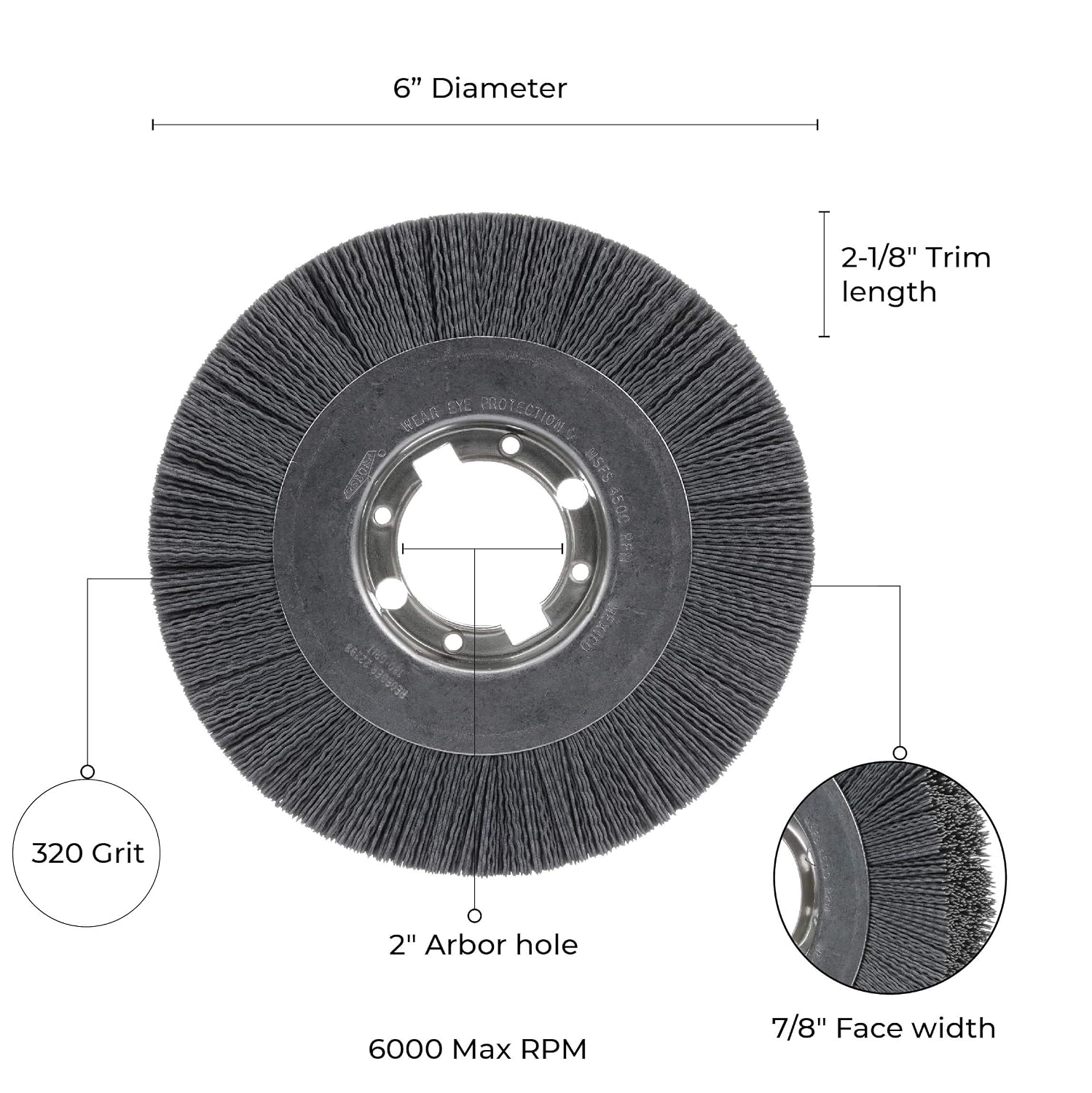 Osborn 22288 Wide Face Abrasive Nylon Wheel Brush, Silicon Carbide Bristle, 6000 RPM, 6" Diameter, 320 Grit