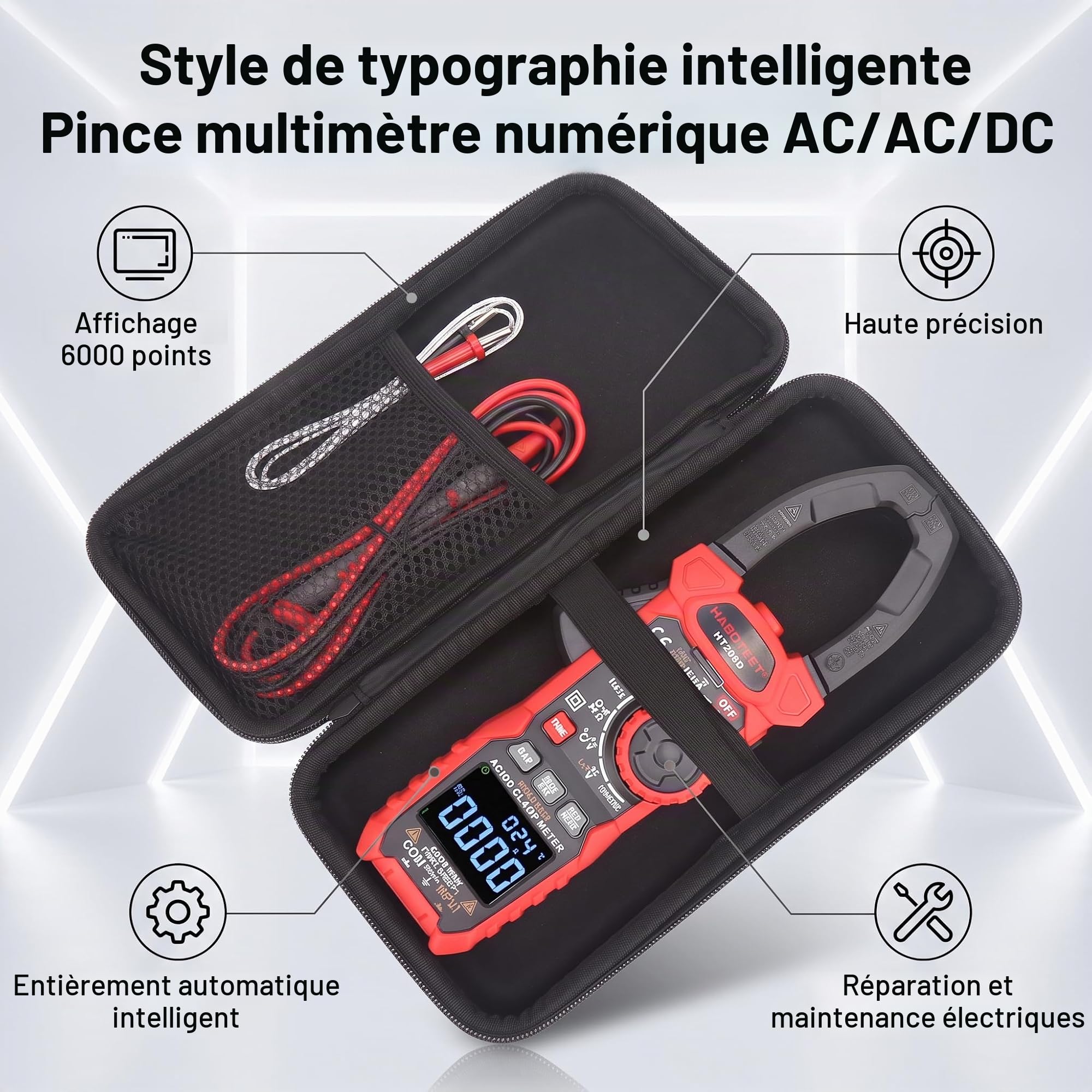 Pince Ampèremétrique Numérique, Kaiweets HT208D, HT208D HT208D AC750V/DC1000V 6000 Comptes Tension Courant NCV Testeur Multimètre de Test électrique
