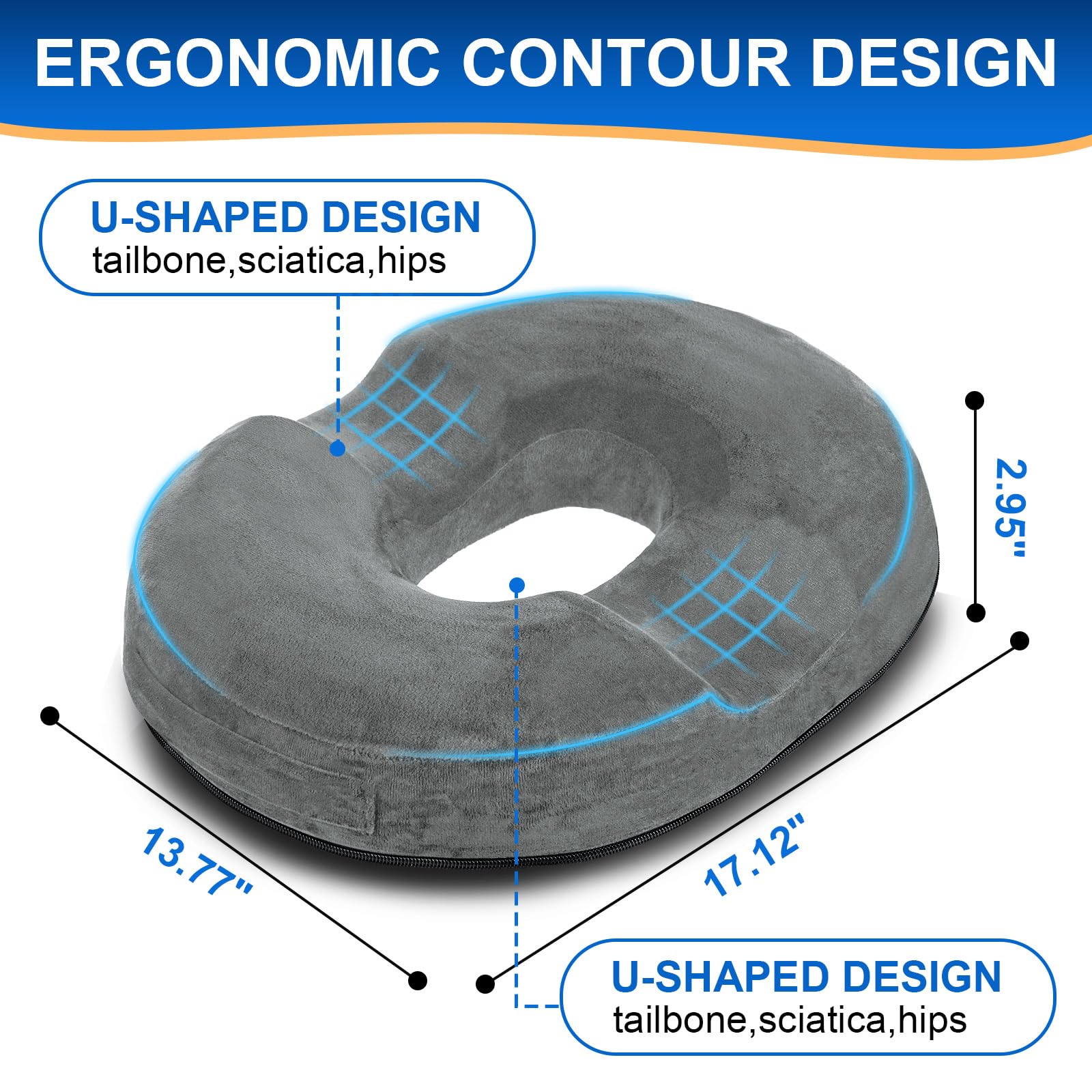 Cuscino per sedia a forma di ciambella in memory foam, ergonomico, per ufficio, auto e casa, cuscino per seduta a lunga durata, antiscivolo, rivestimento lavabile (grigio)