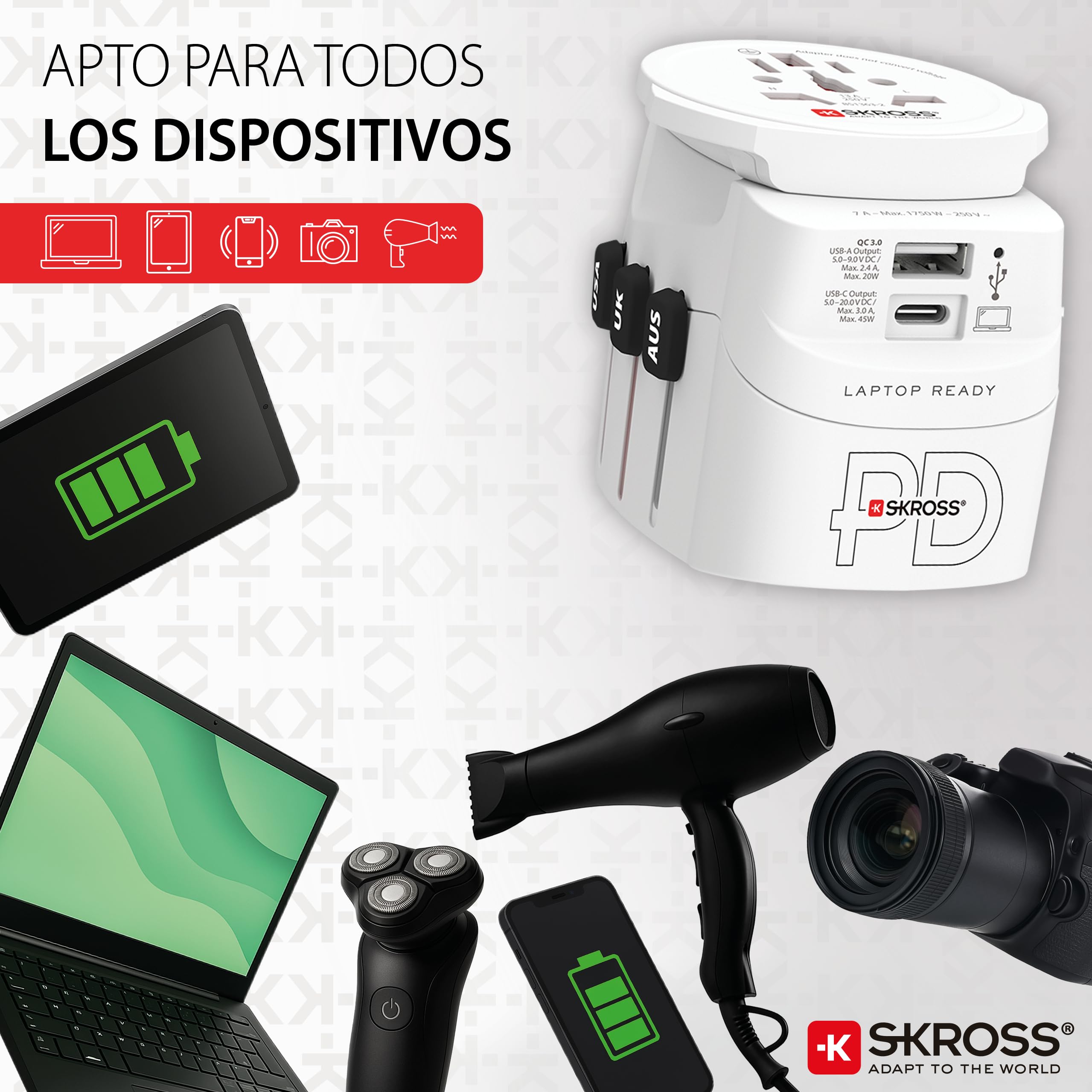 SKROSS - Pro Light USB AC45PD - Adaptador de Viaje Universal con 2 Puertos USB - Carga rápida 45W - Voltaje y Potencia: 100V CA - 700W / 250V - 1750W